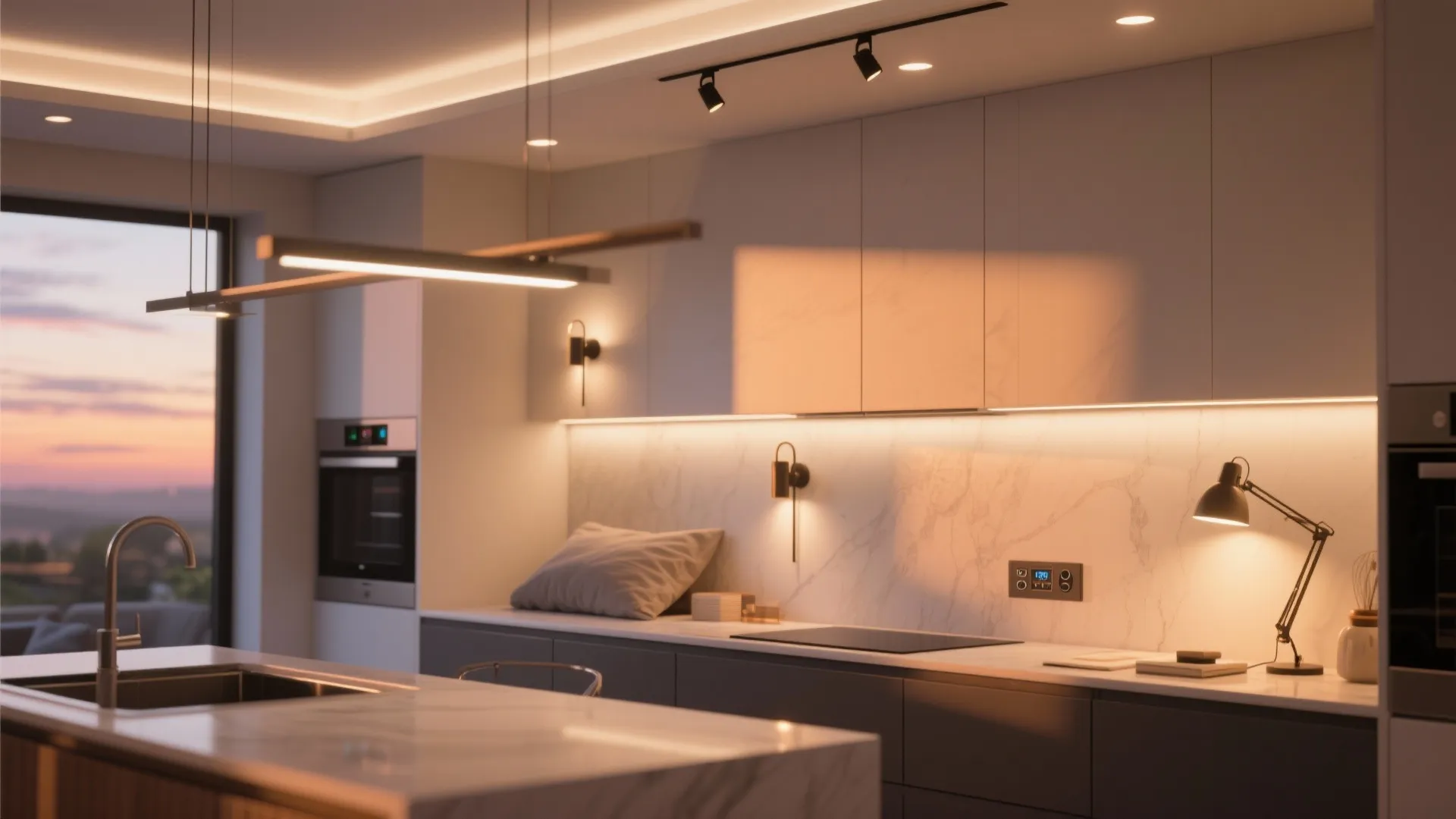 Layered lighting with recessed ambient lights, track fixtures and wall sconces in a modern home.