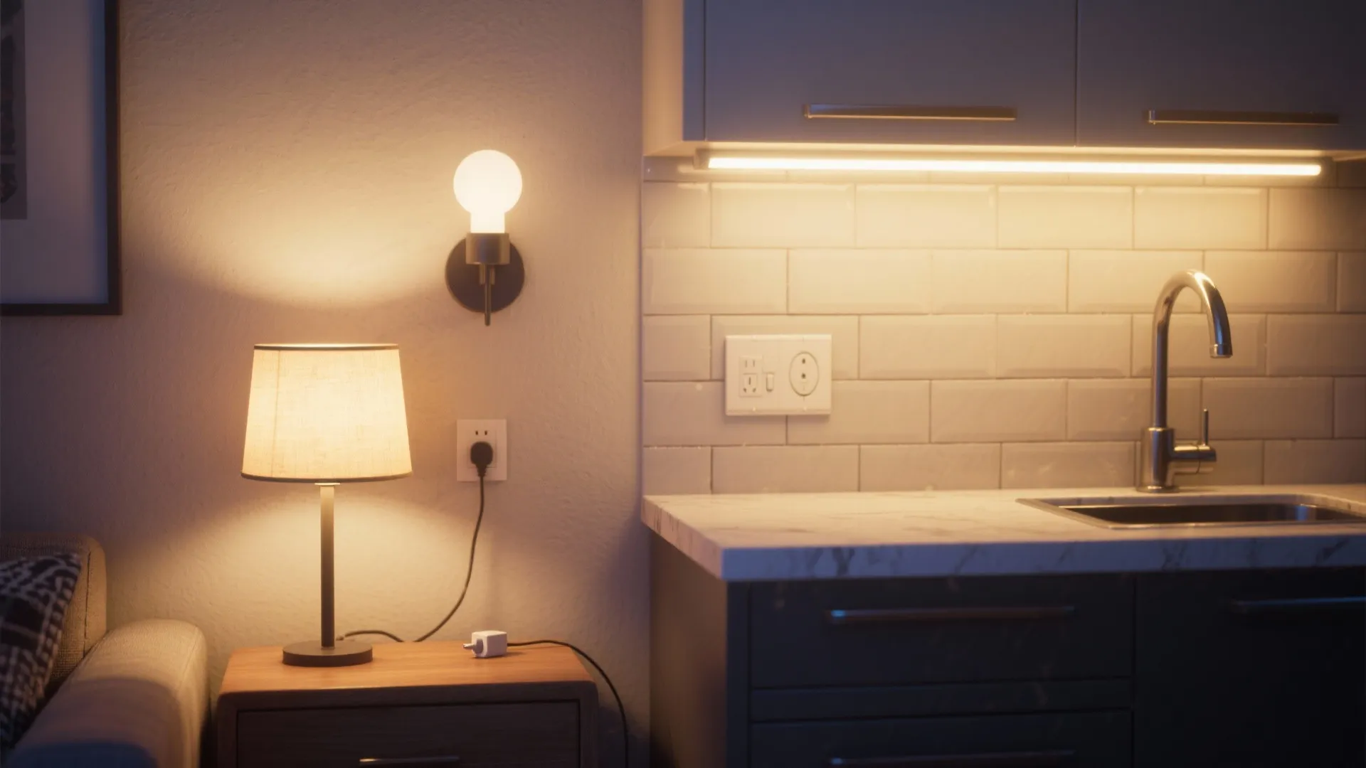 Close-up of renter-friendly layered lighting: table lamp, sconce, and adhesive LED strip.