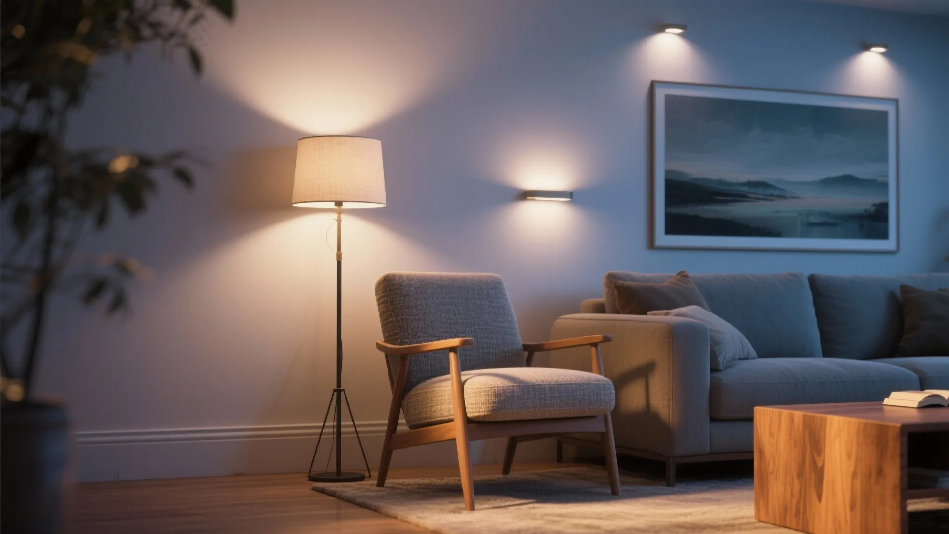 Modern living room featuring a grey armchair sofa floor lamp and warm wall light fixtures