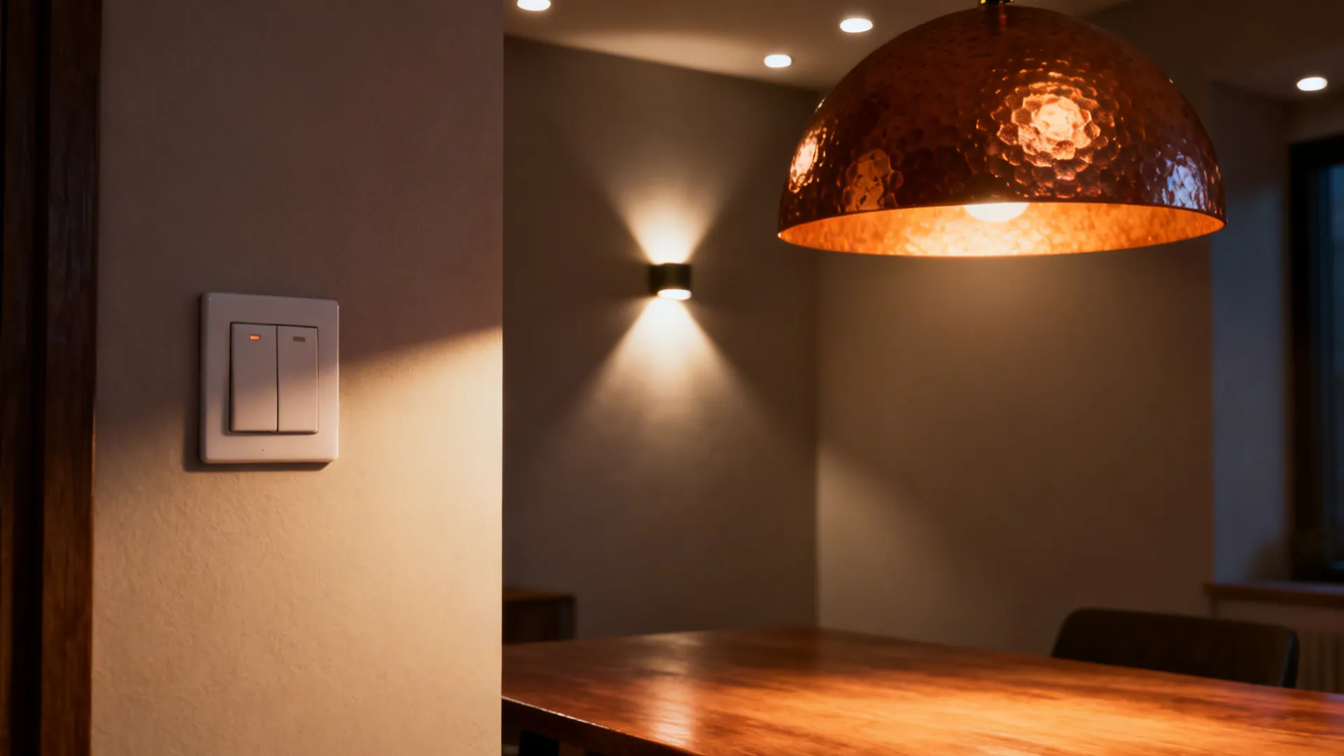 Close-up of layered lighting with pendant, wall sconce and dimmable recessed lights