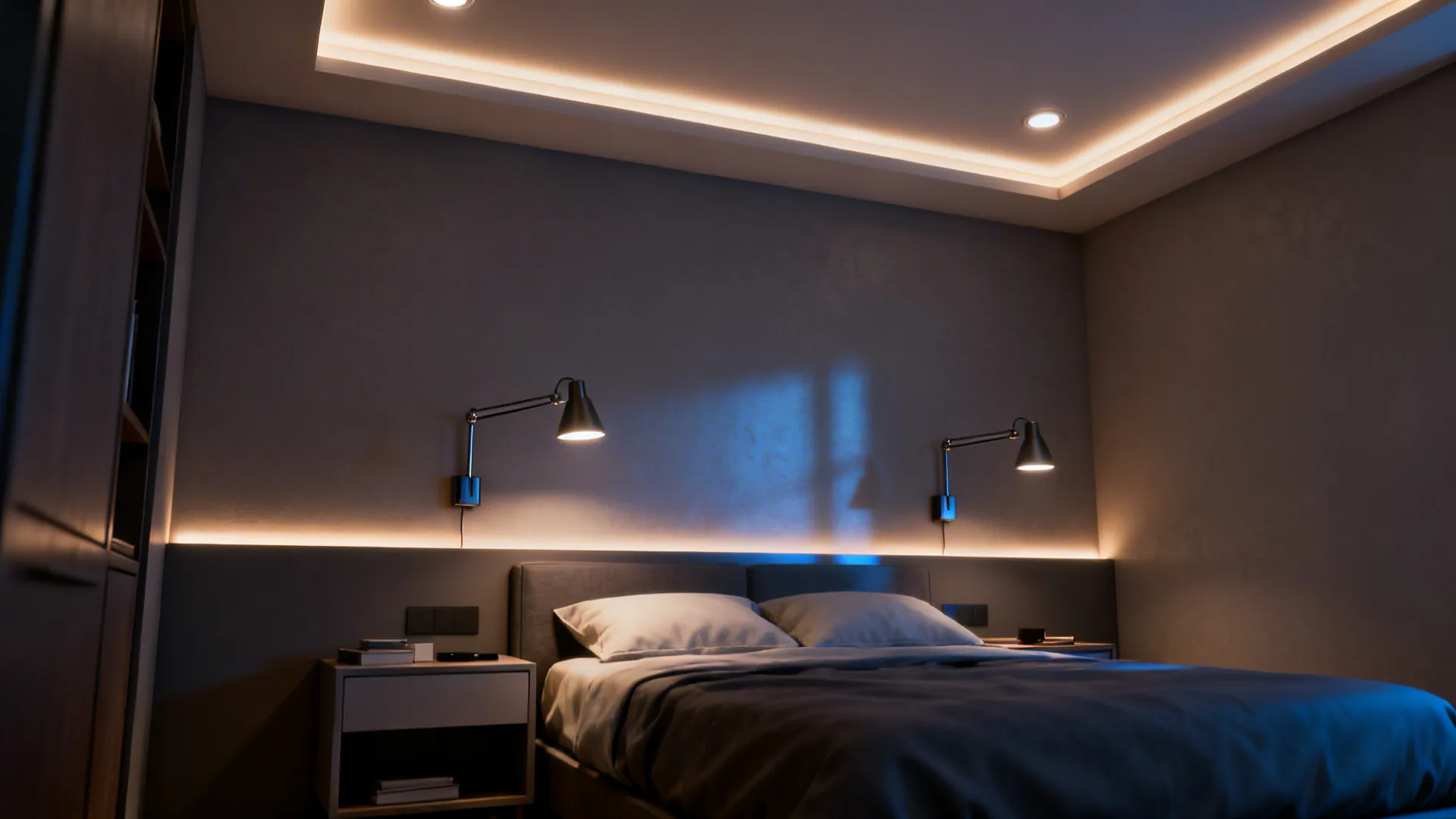 Layered lighting with recessed ambient lights and adjustable wall sconces in a compact bedroom.