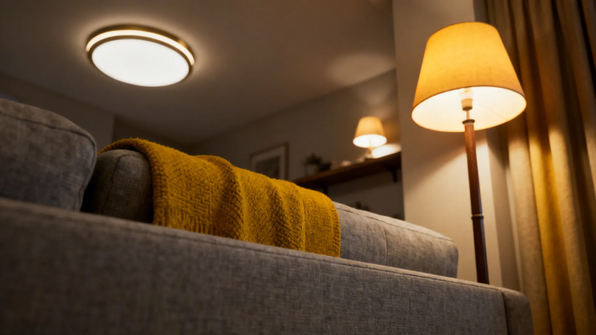 Close-up of layered lighting in a living room: ceiling ambient, floor lamp, and table lamp creating balanced warmth.
