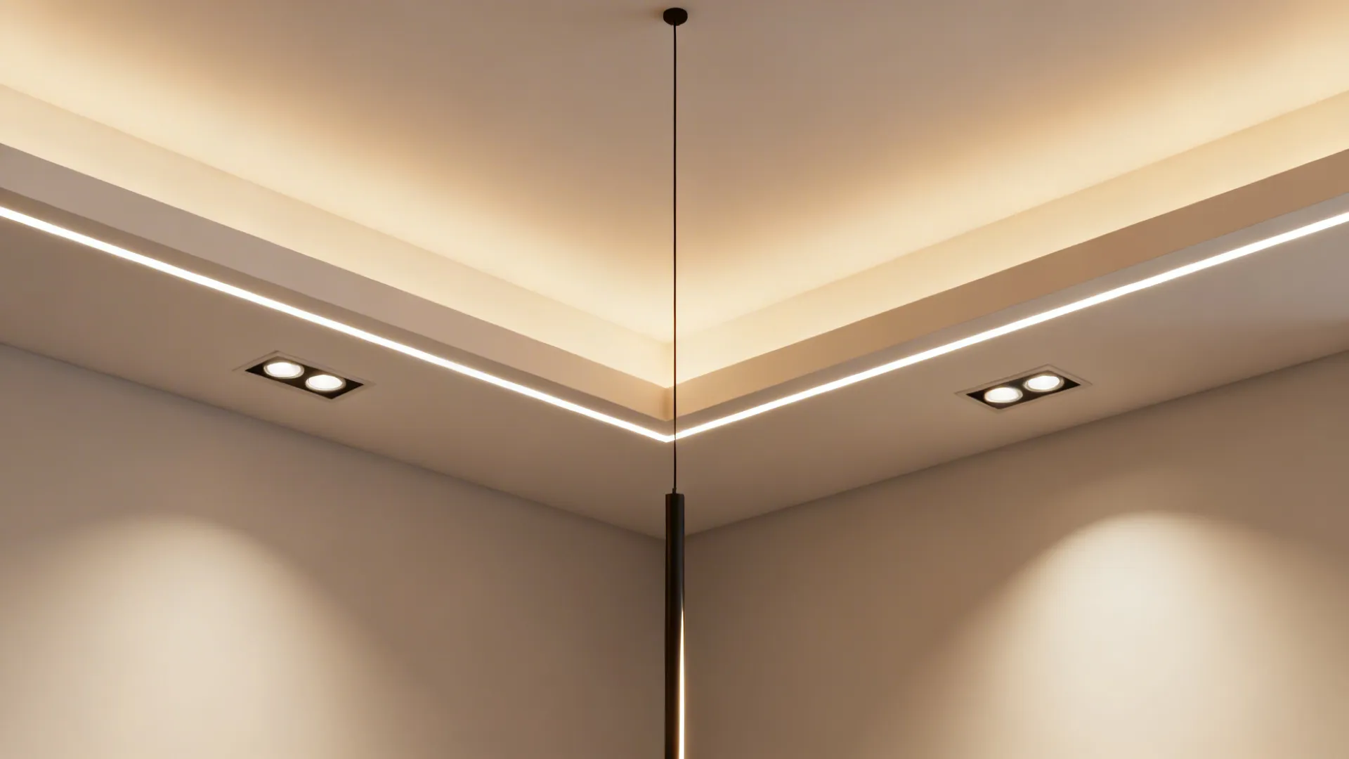 Modern ceiling lighting design with hidden strip lights recessed spotlights and a black hanging lamp