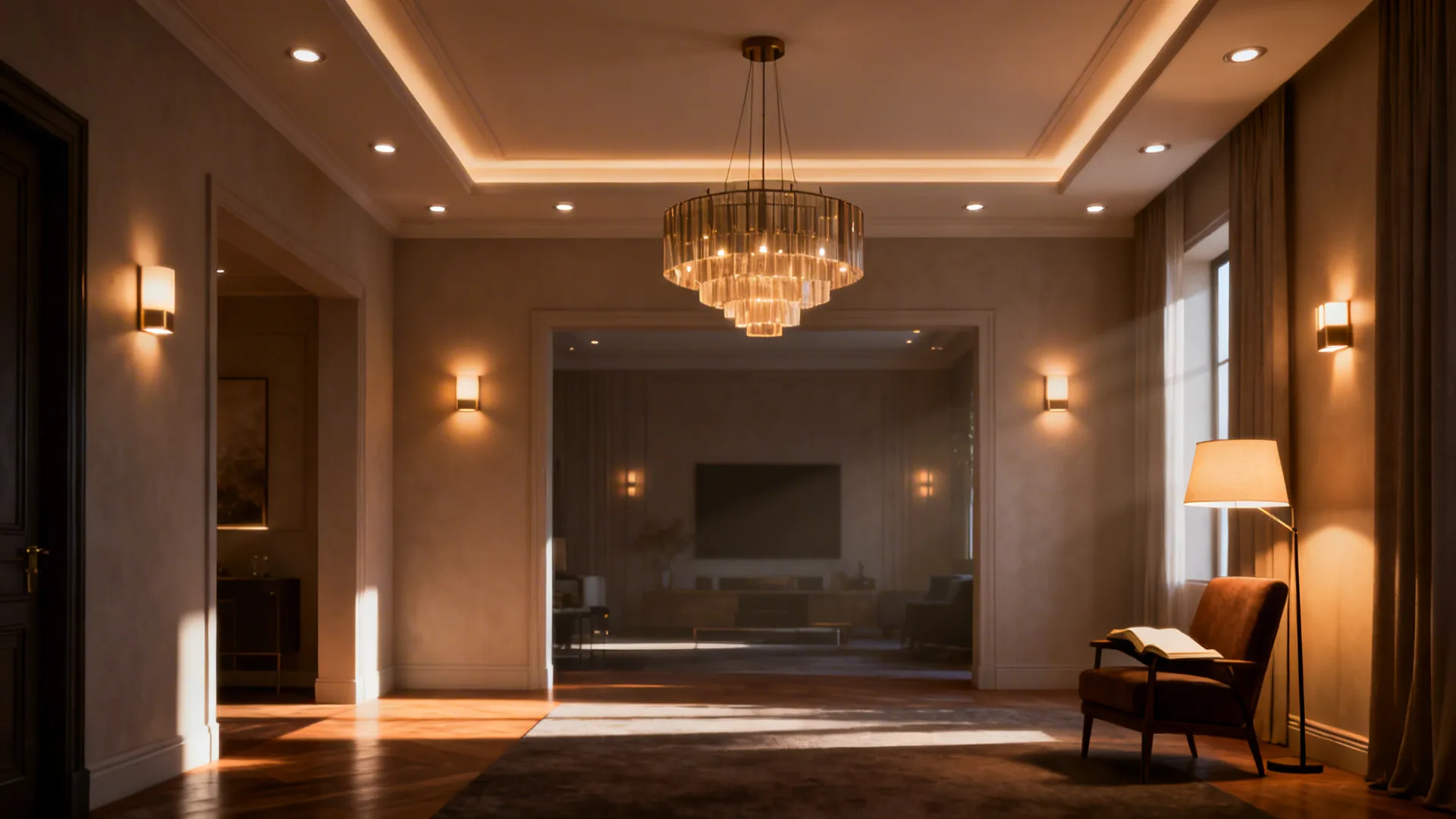Layered lighting with statement pendant, recessed lights and a floor task lamp in a tall room.