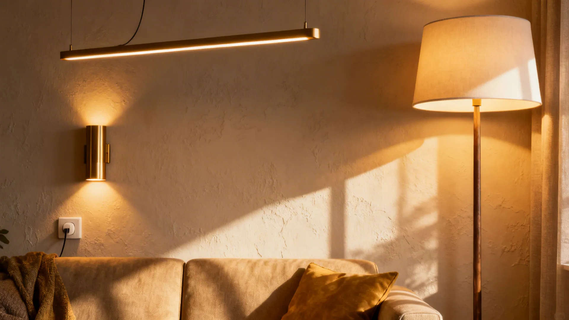 Layered lighting: pendant, wall sconce, and floor lamp creating depth in a small living room.