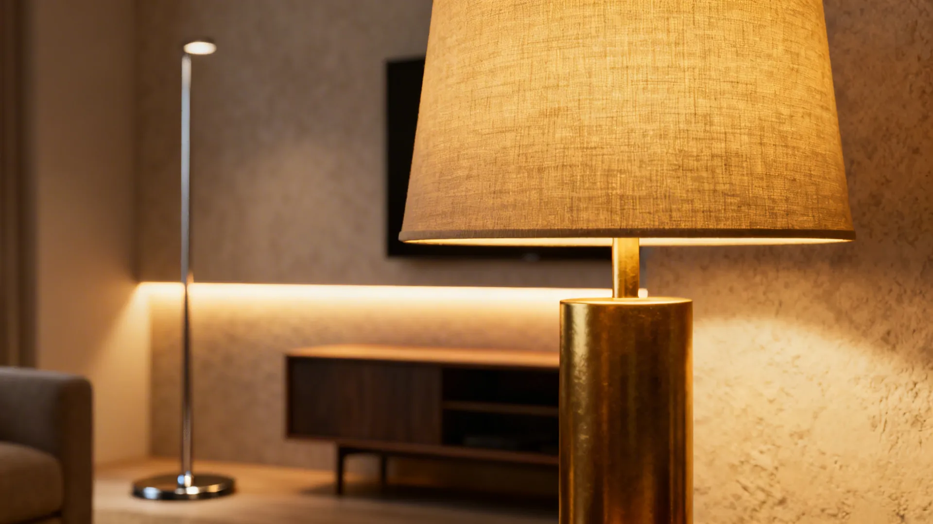 Table lamp with fabric shade near a floor lamp, wooden cabinet, and warm wall light