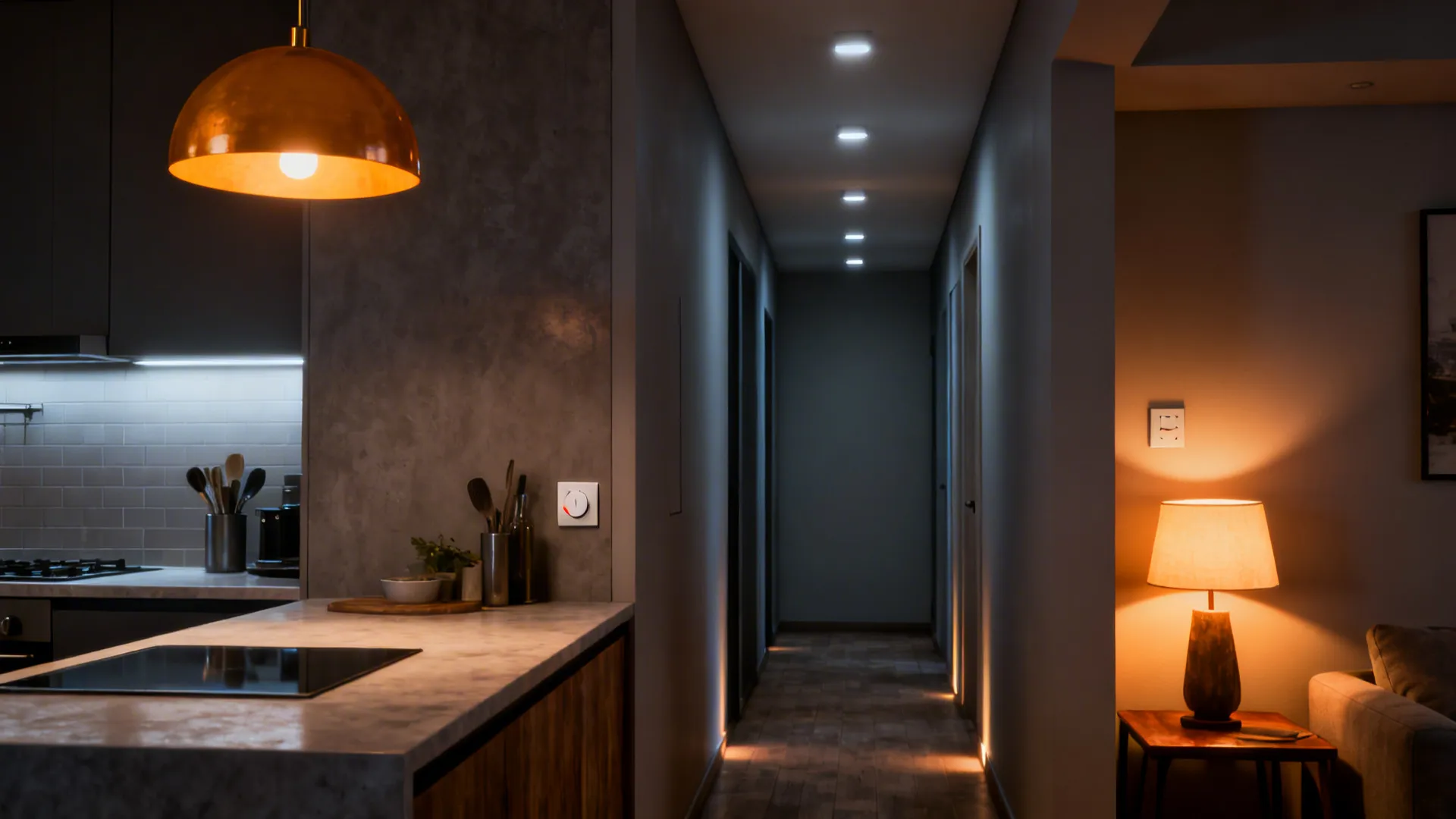 Layered lighting in a small open-plan space with pendant, recessed lights, and a cozy lamp defining zones.