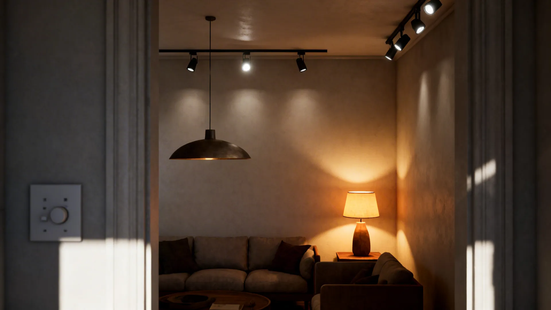 Close-up of layered lighting: recessed lights, pendant, and table lamp creating depth in a small living room.