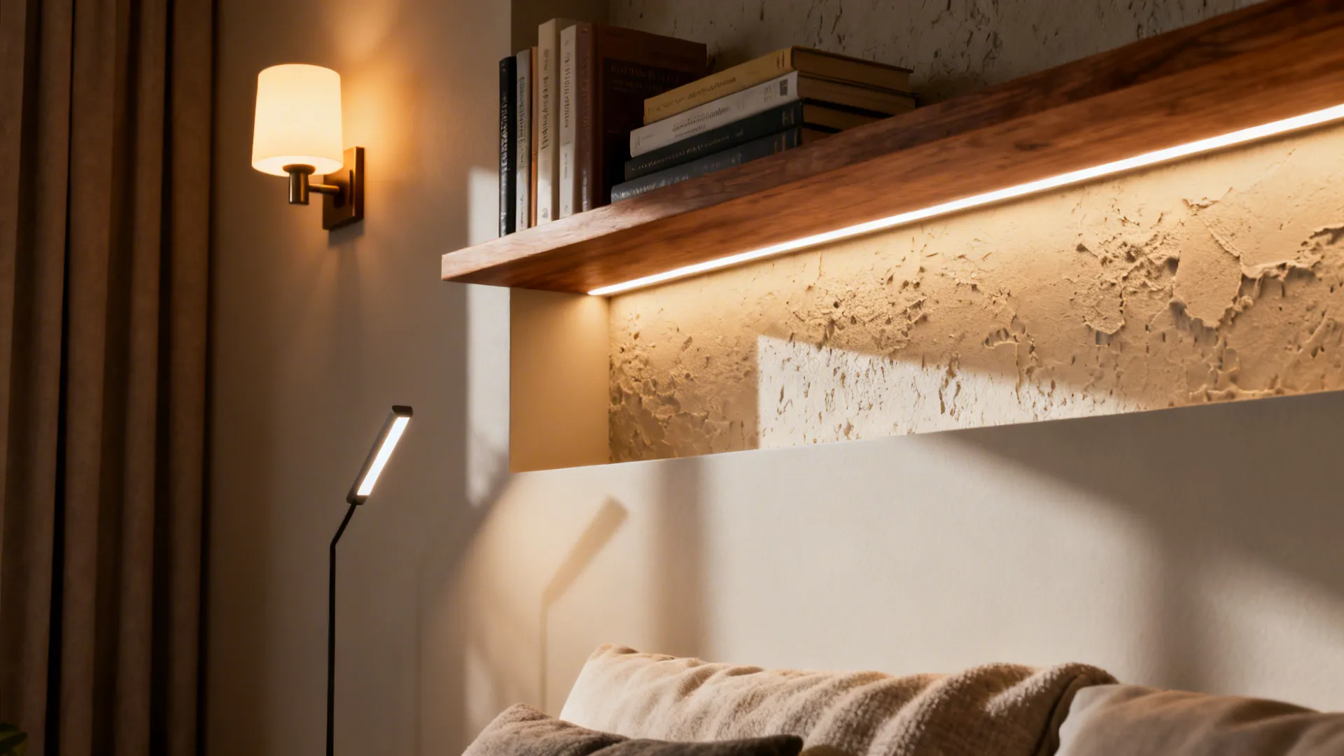 Warm bedroom corner featuring wall light, wooden shelf with books, integrated light strip, and reading lamp