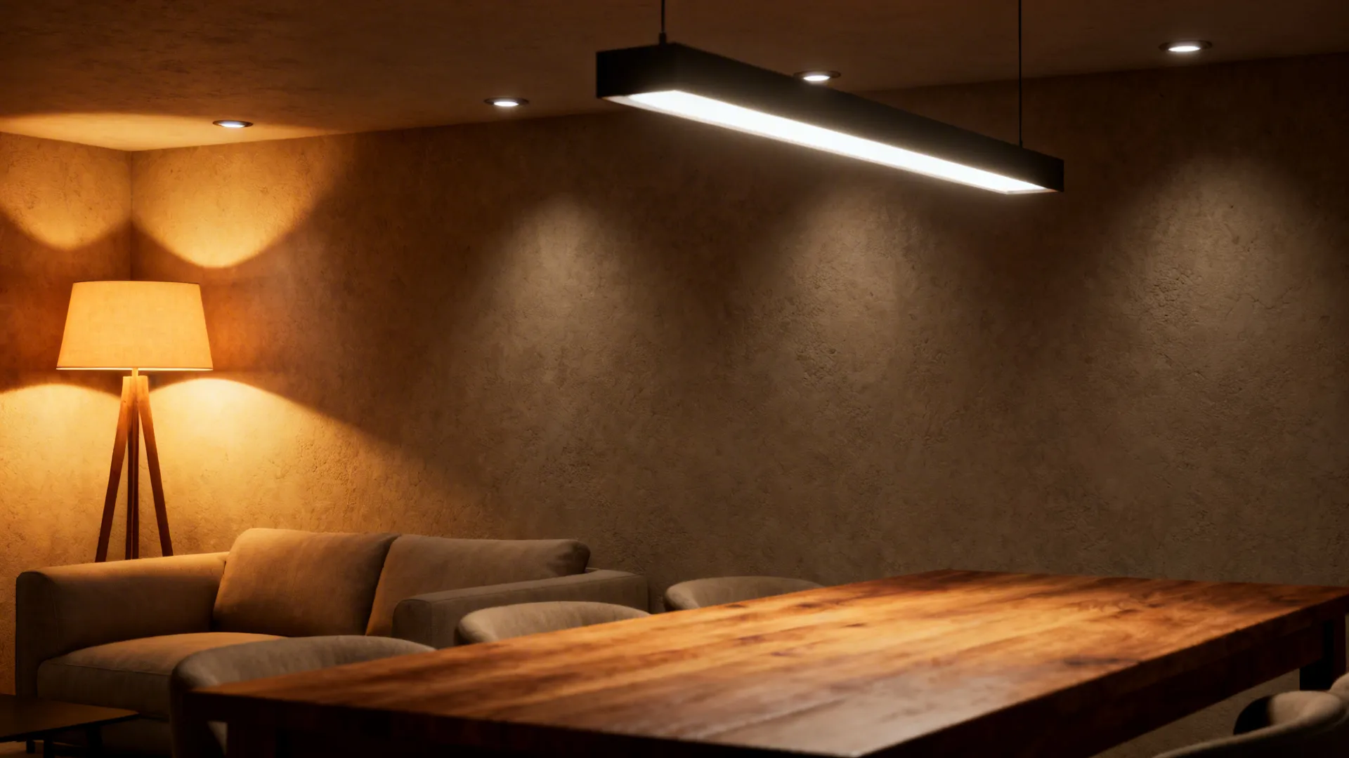 Layered lighting with a linear pendant, floor lamp, and recessed lights creating versatile mood in an open-plan room.