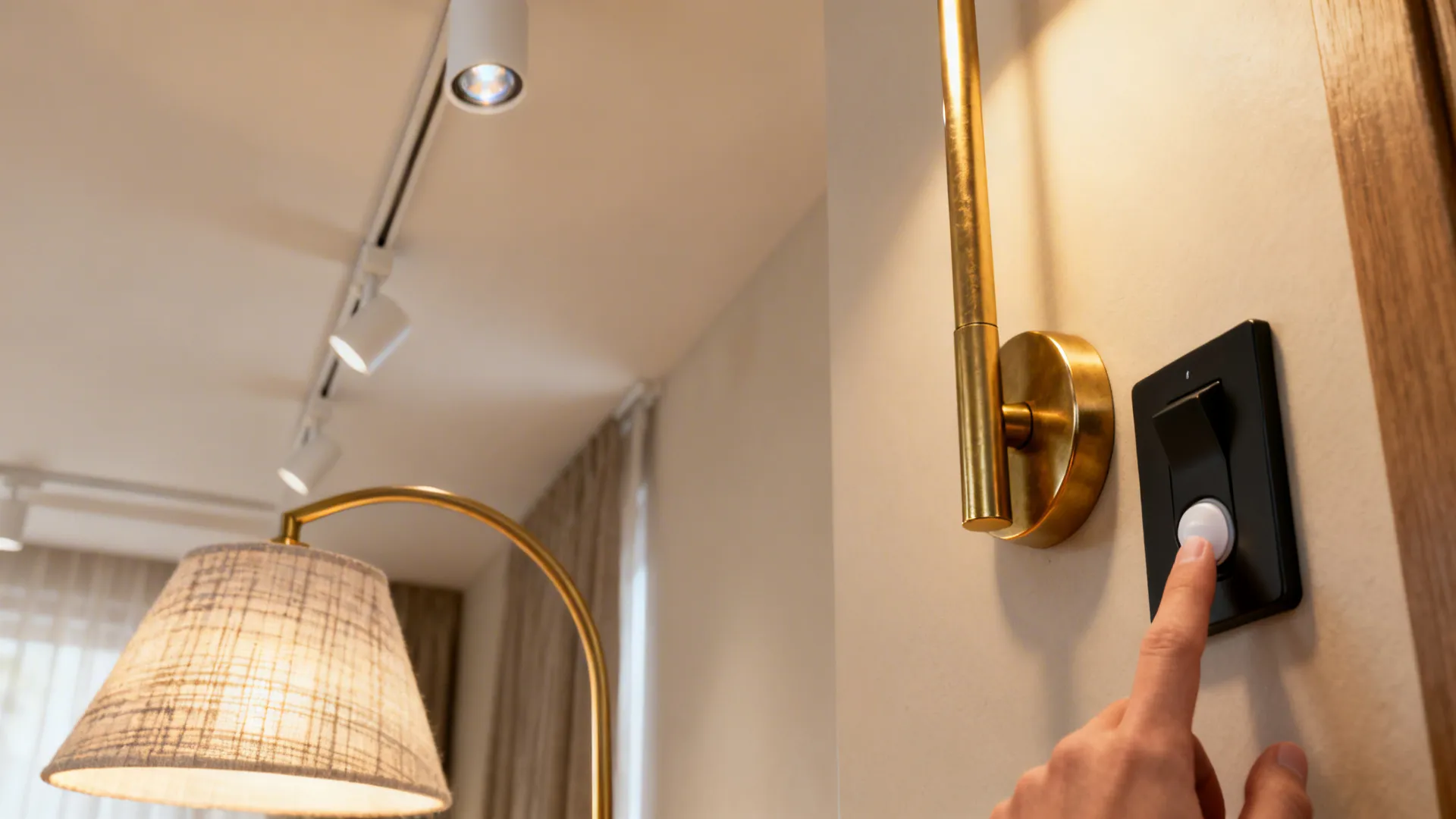 Close-up of slim wall sconce, arced floor lamp and recessed lights with dimmer control in a small living room.