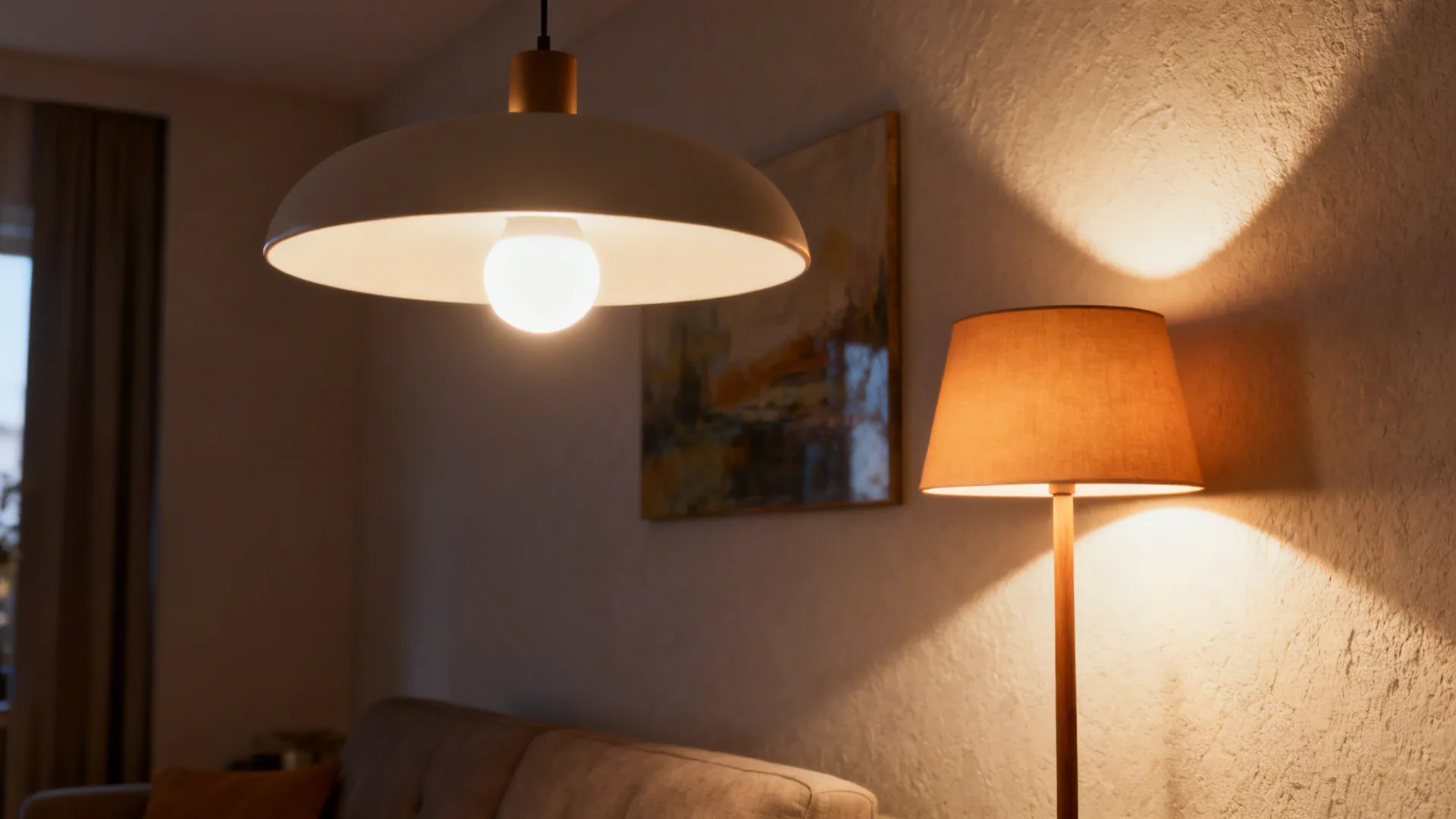 Layered lighting: dimmable overhead, reading lamp, and wall wash brightening a small living room.