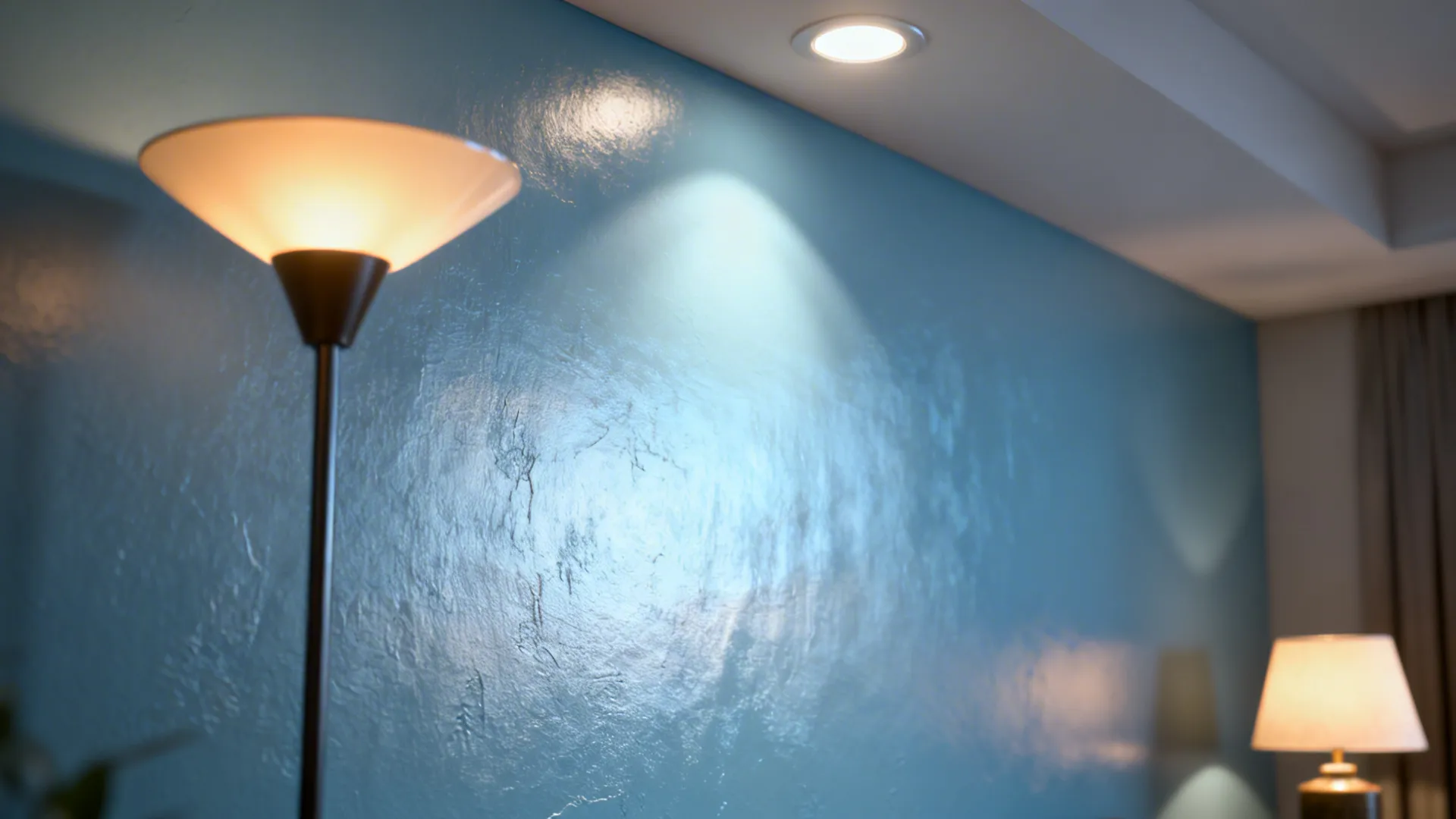 Close-up of layered lighting effects on light blue walls with a dimmable floor lamp
