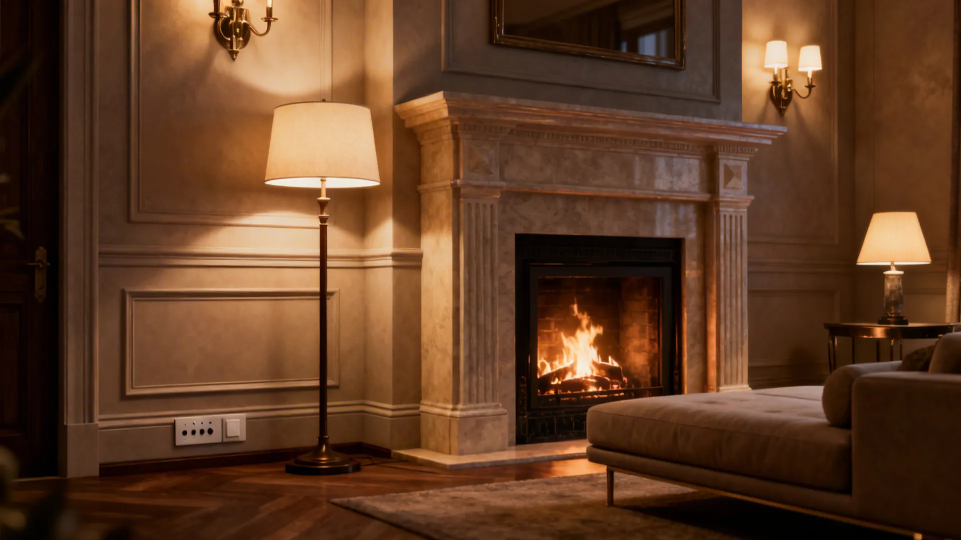 Layered lighting and low furniture balancing a tall fireplace mantel