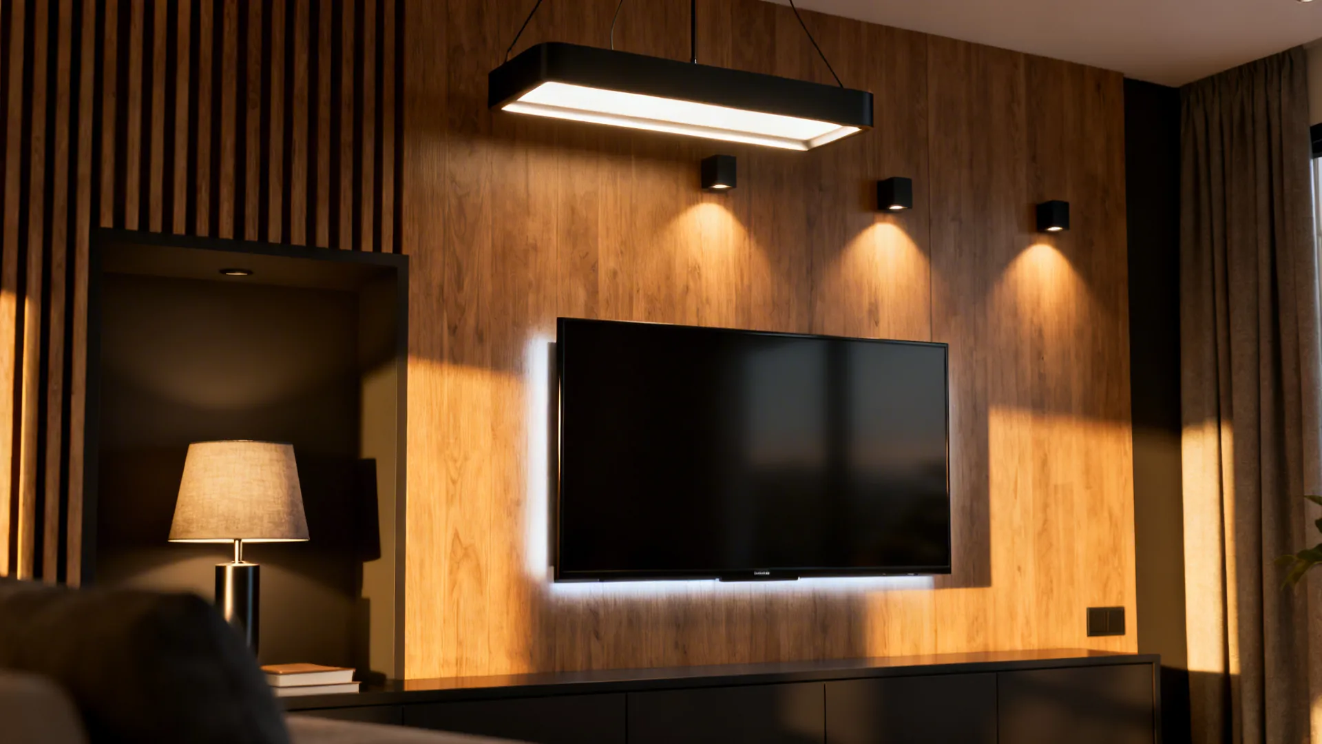 Wall mounted television on wooden panels with black ceiling light and several small warm lights