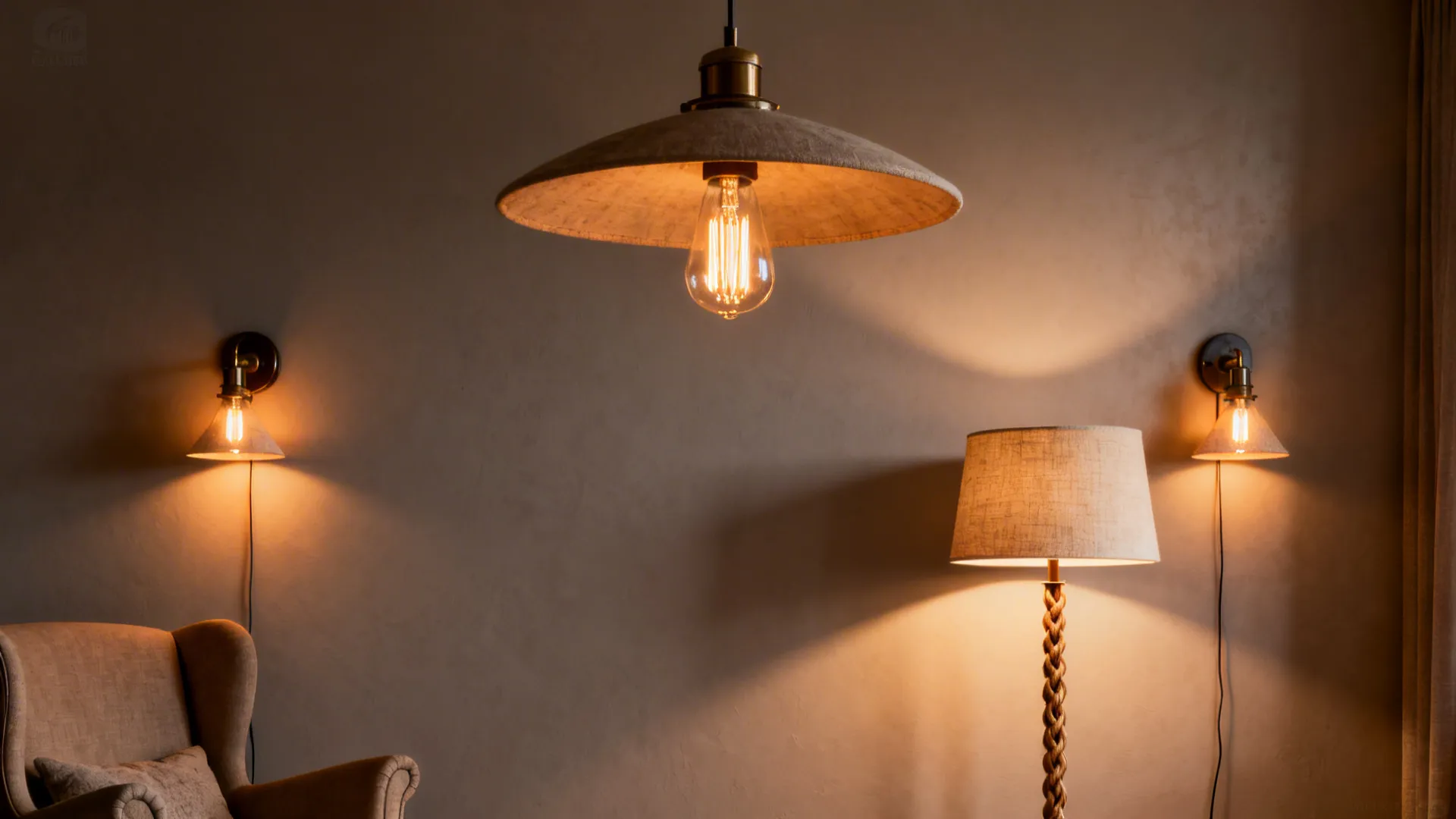 Close-up of bedside sconces and a floor lamp creating layered lighting in a bedroom.