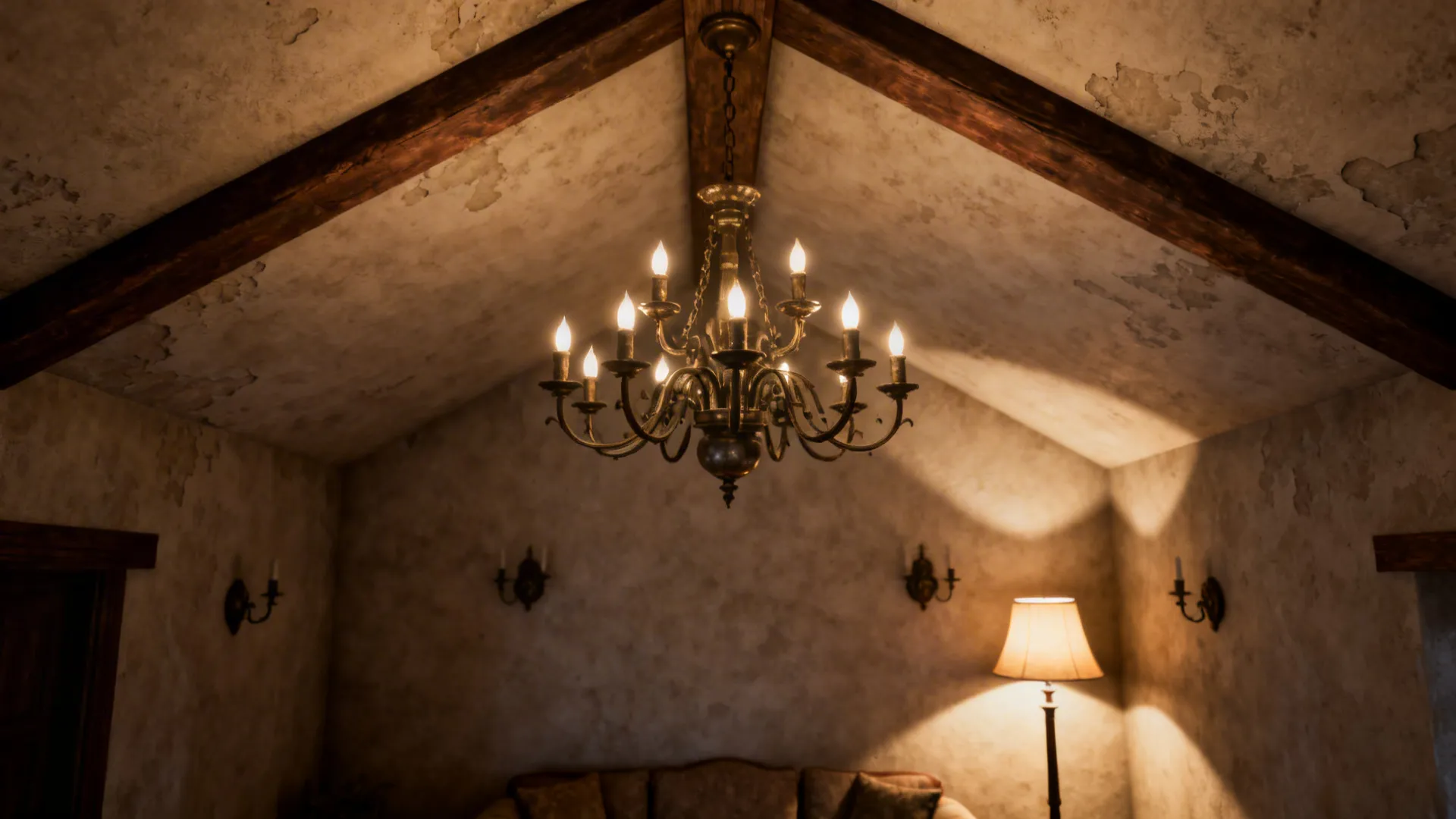 Chandelier and layered lighting highlighting vaulted ceiling and beams