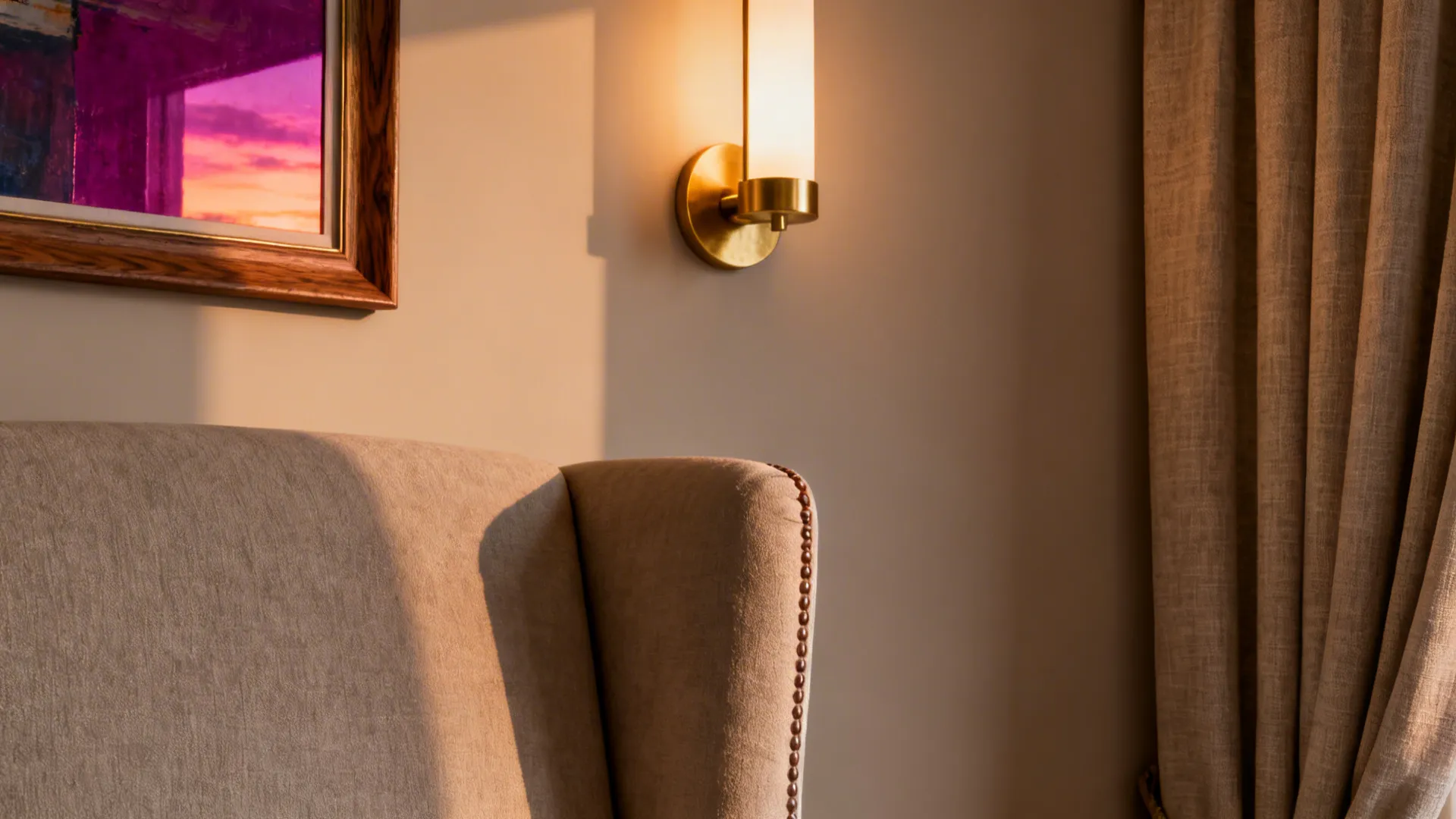 Macro detail of upholstery, a brass sconce, framed art, and linen curtains in warm light.