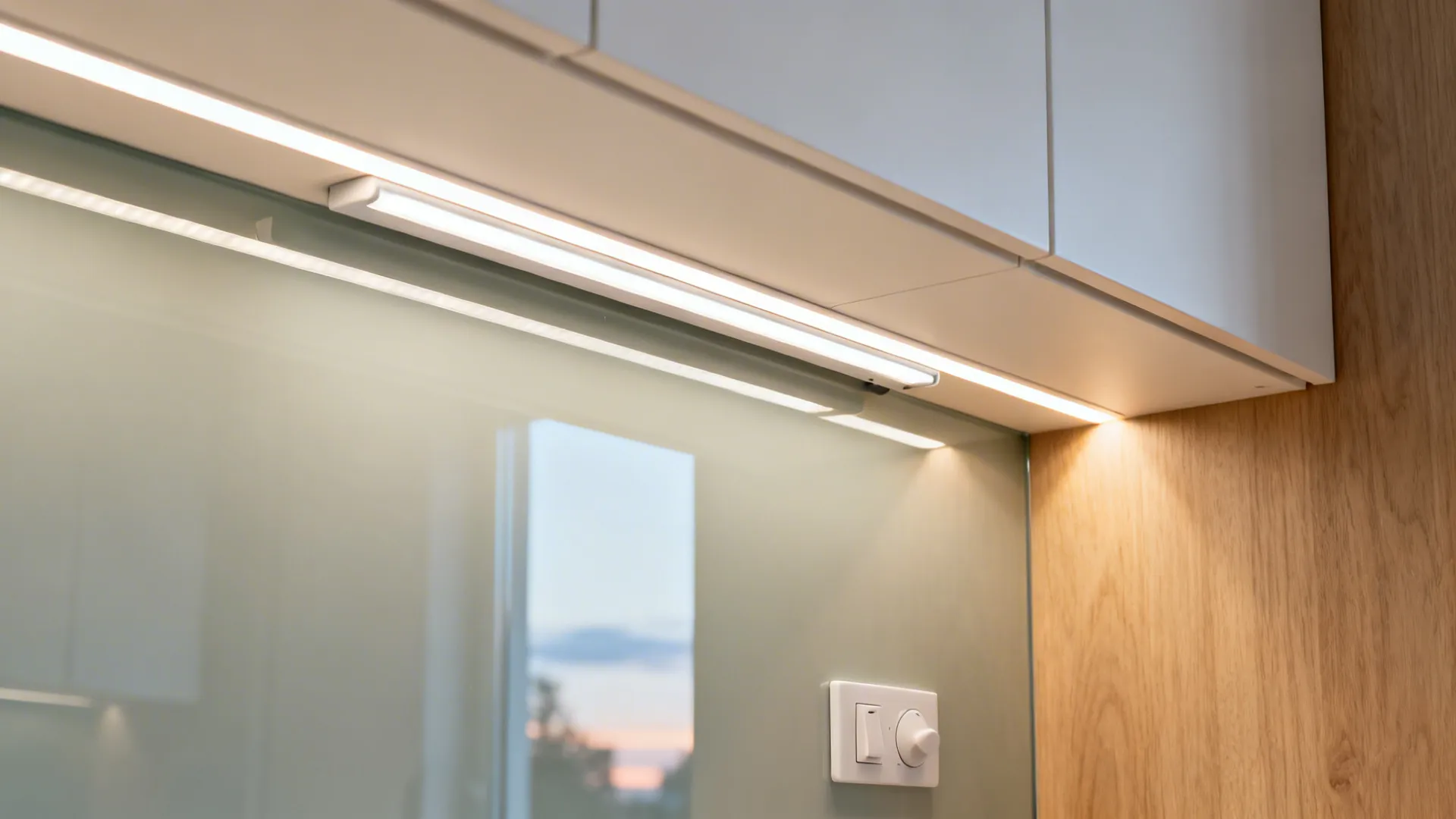 Close-up of under-cabinet LED task light and soft uplight creating balanced ambient glow on glass.