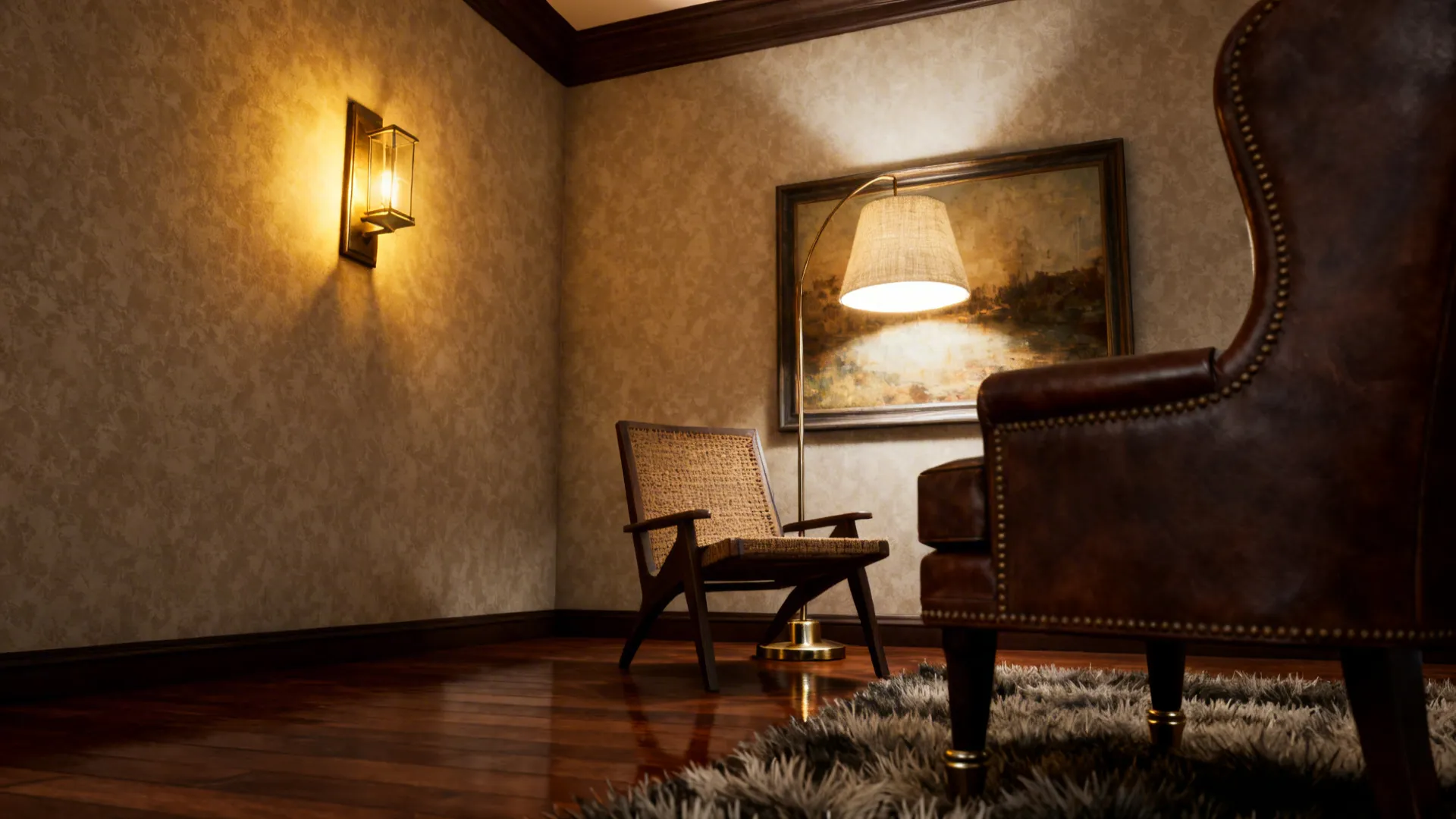 Layered lighting with wall sconce, floor lamp and picture light creating depth in a small living room