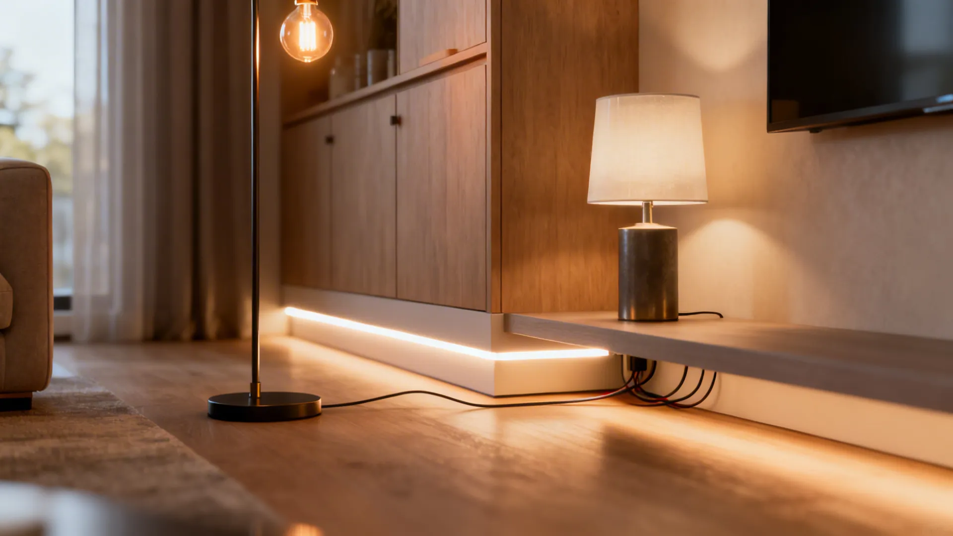 Close-up of slim floor lamp, toe-kick LED strip and compact table lamp in a small living room.