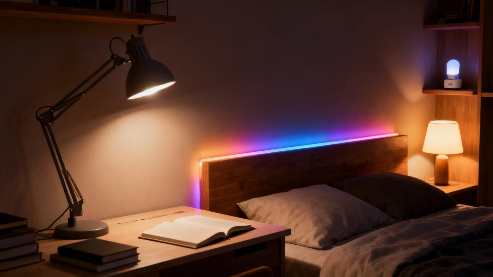 Cosy bedroom with warm desk lamp colorful LED headboard light and small bedside table lamp