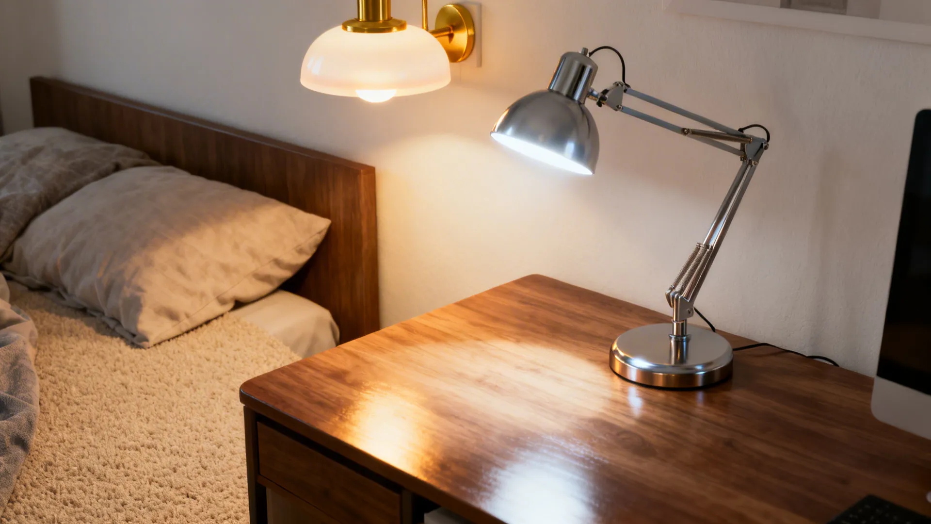 Close-up of layered lighting: overhead dimmable light, bedside lamp, and adjustable desk lamp in a compact room.