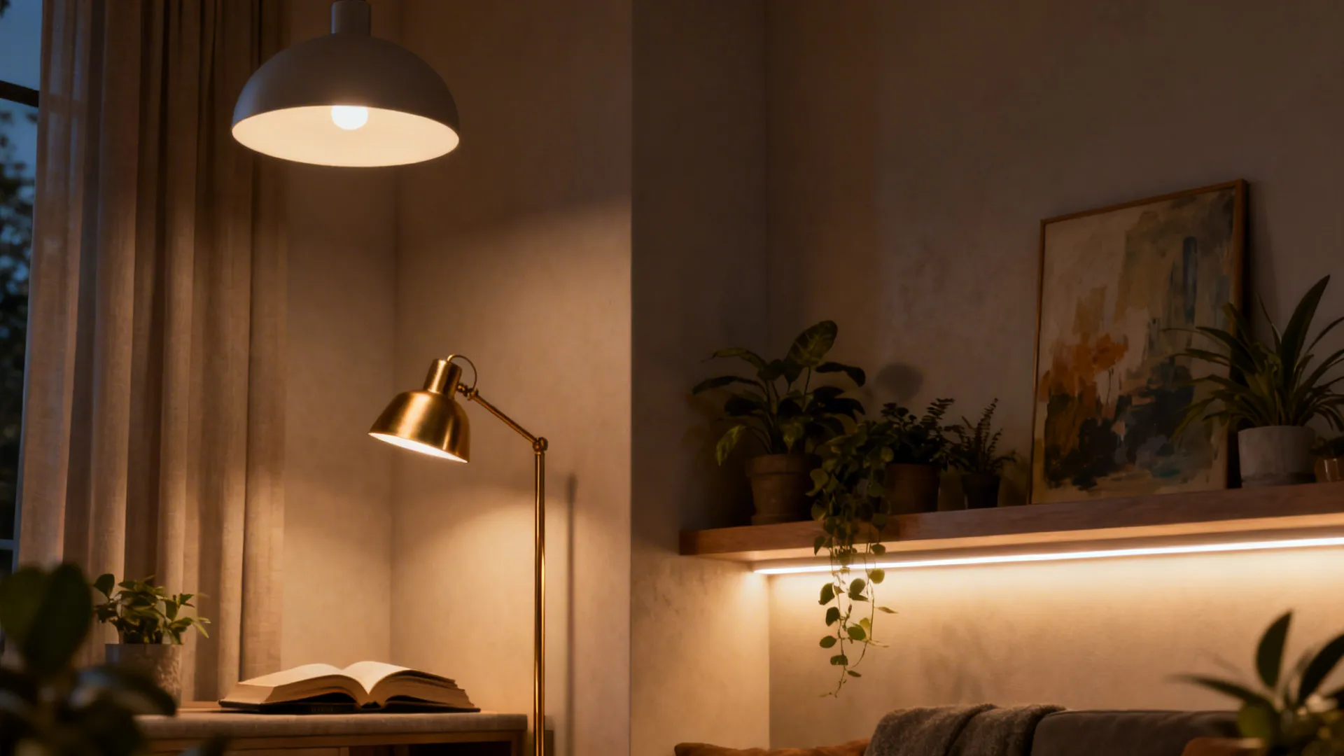 Layered lighting vignette with pendant, floor lamp, and LED strip highlighting a cozy nook.