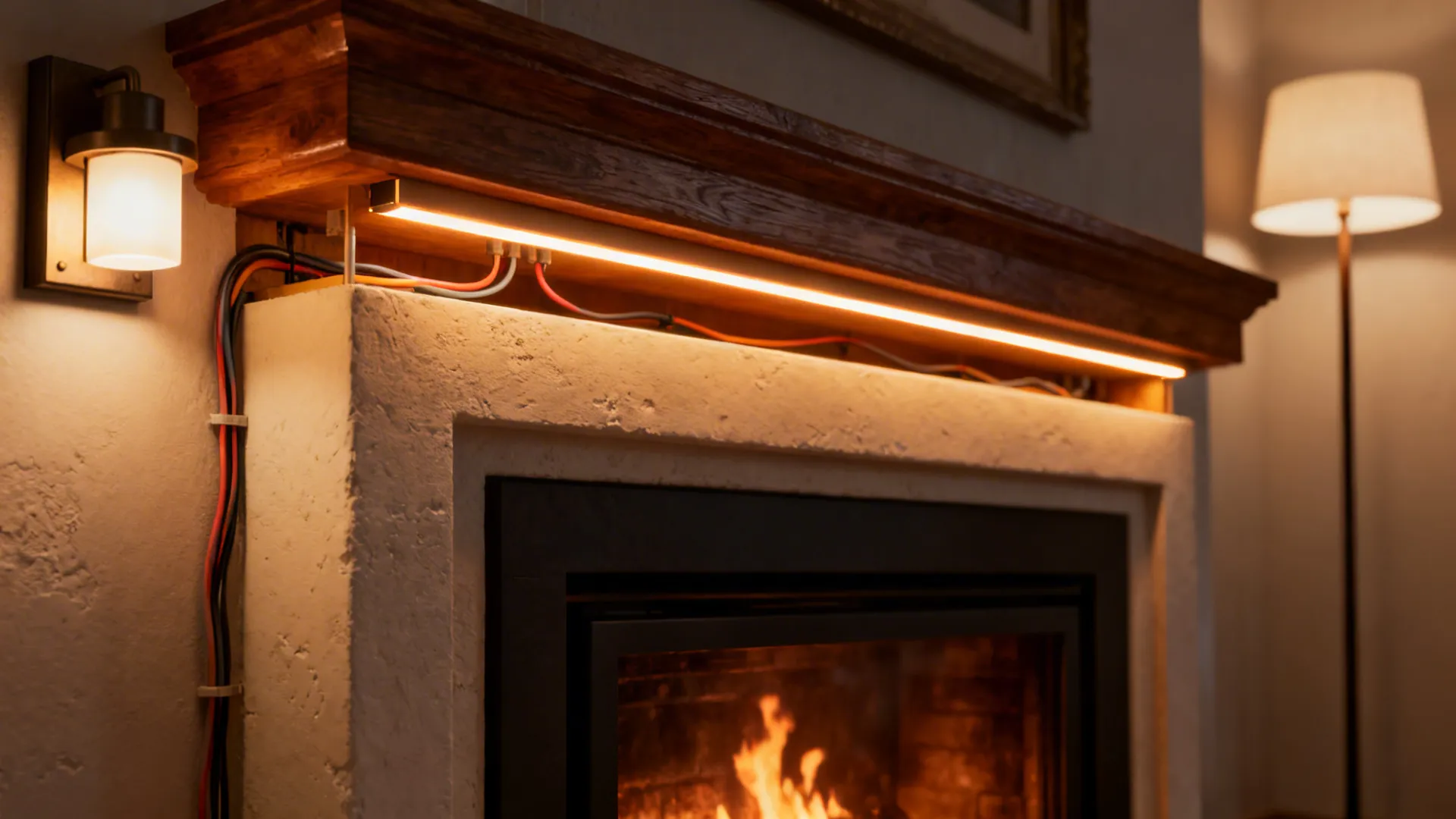 Close-up of layered lighting: LED mantel strip, wall sconce, floor lamp, and fireplace glow.