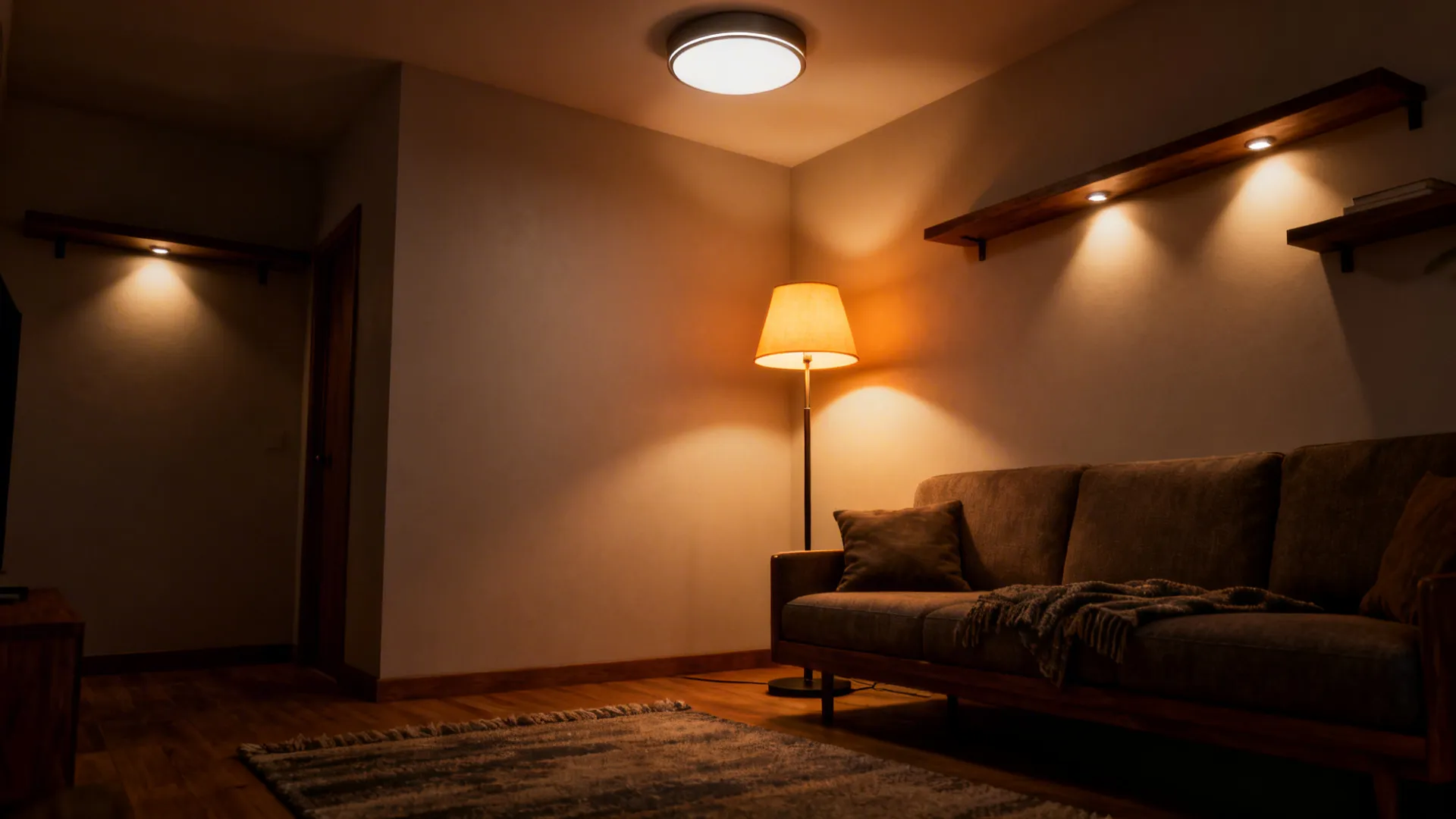 Close-up of soft warm layered lighting: ceiling fixture, floor lamp, and wall shelf lights in a small living room.