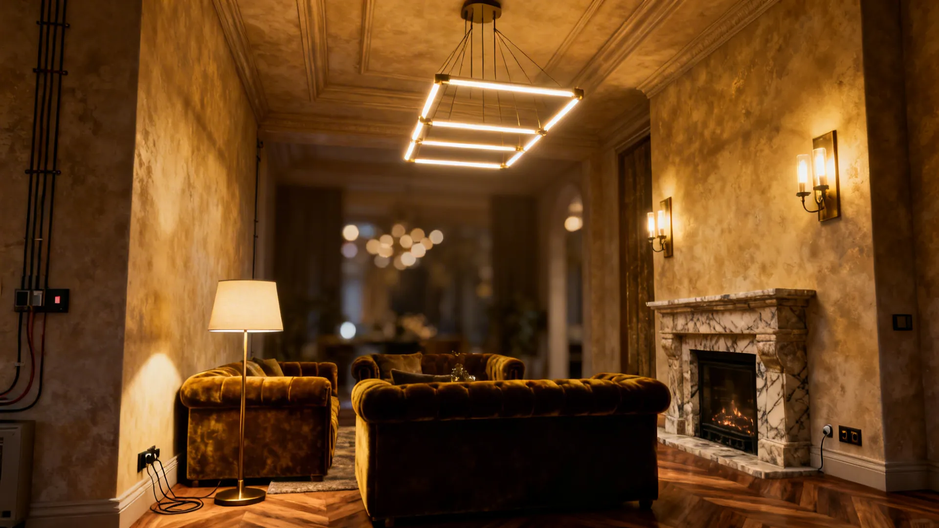 Close-up of chandelier, wall sconces and floor lamp providing layered lighting in a two-story living room