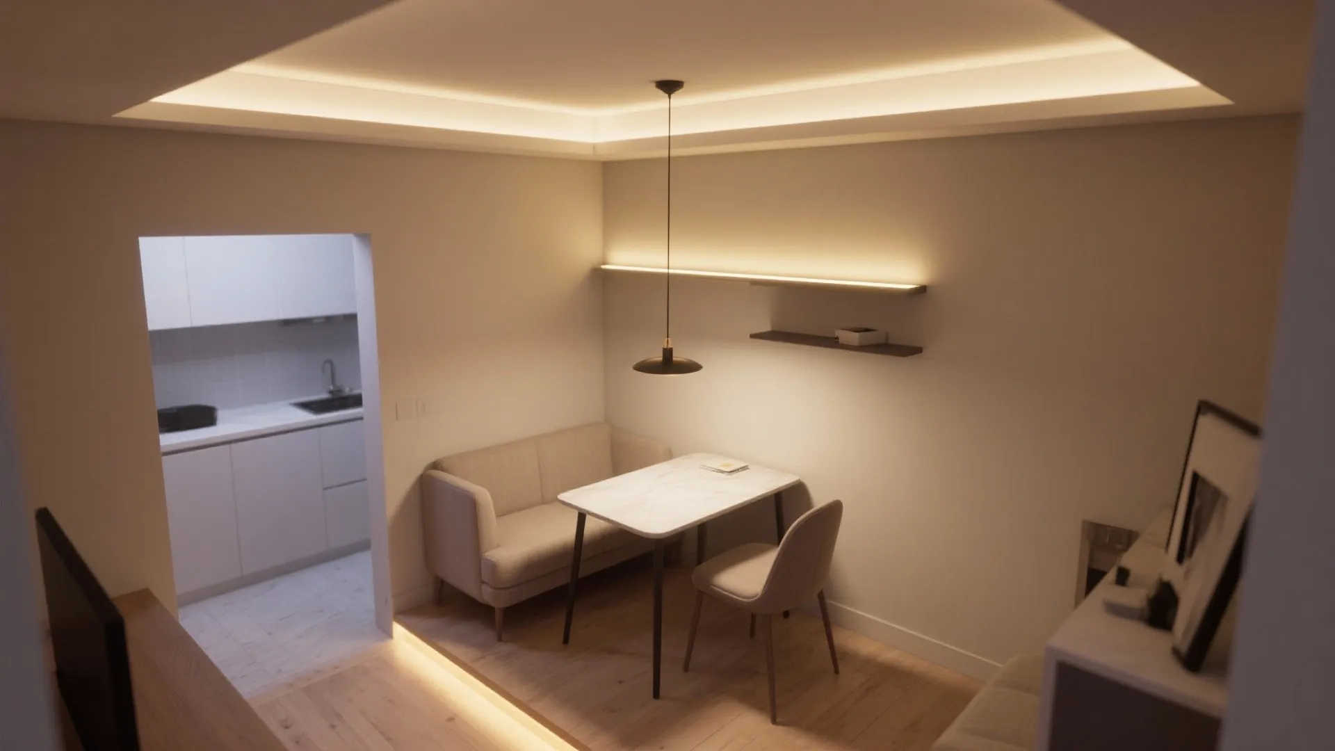 Modern dining room with warm ceiling light and small table next to a white kitchen