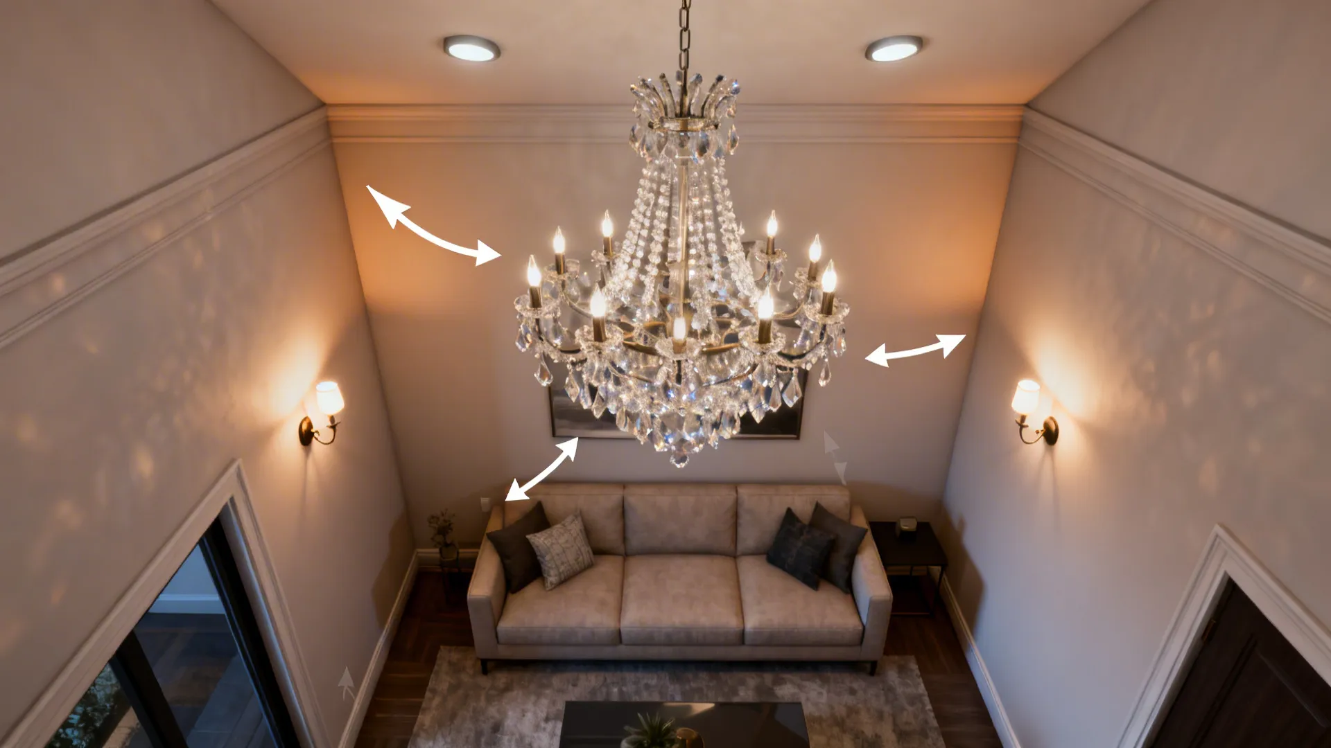 Illustration of layered lighting with a chandelier, recessed cans, and sconces in a compact living room.
