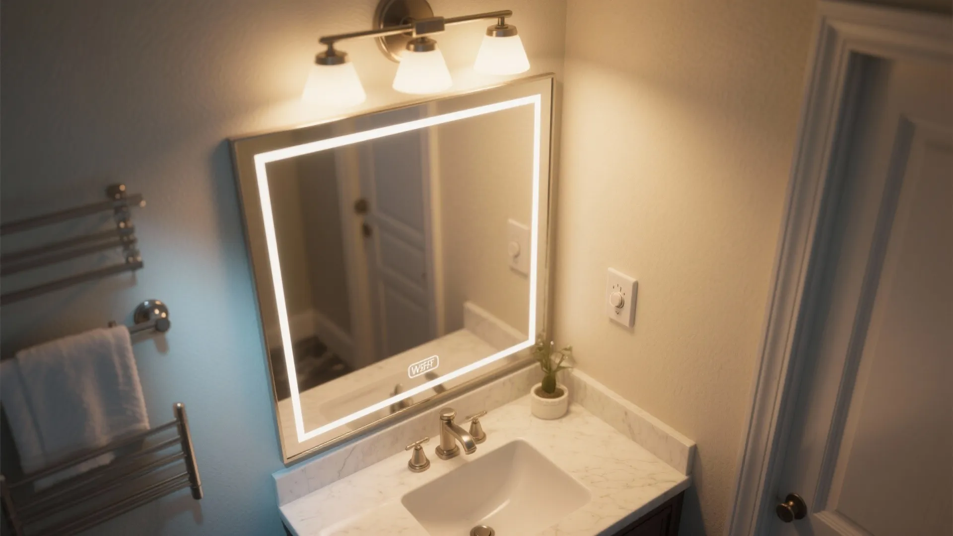 Modern bathroom vanity with lighted mirror marble counter ceiling light and a wall dimmer switch
