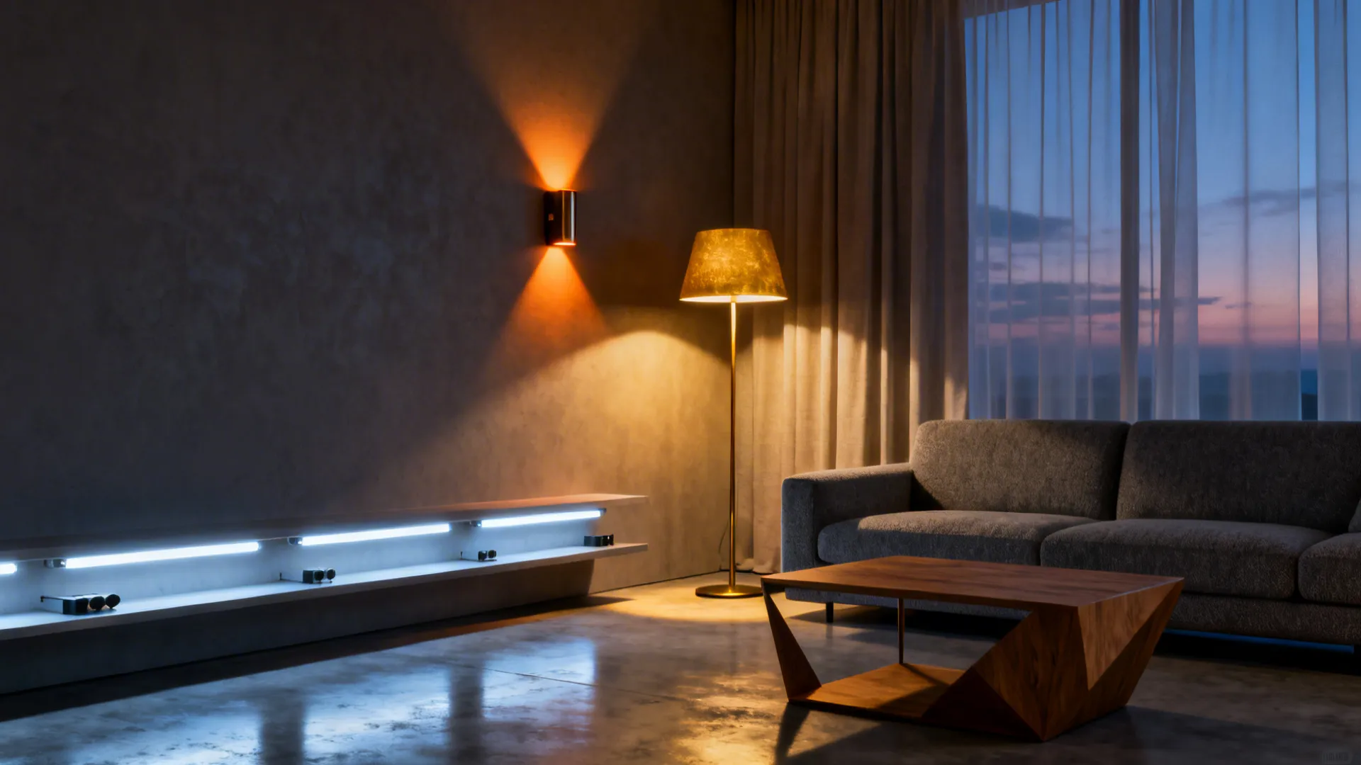 Living room with layered lighting: floor lamp, wall sconce and under-shelf LED strips creating depth