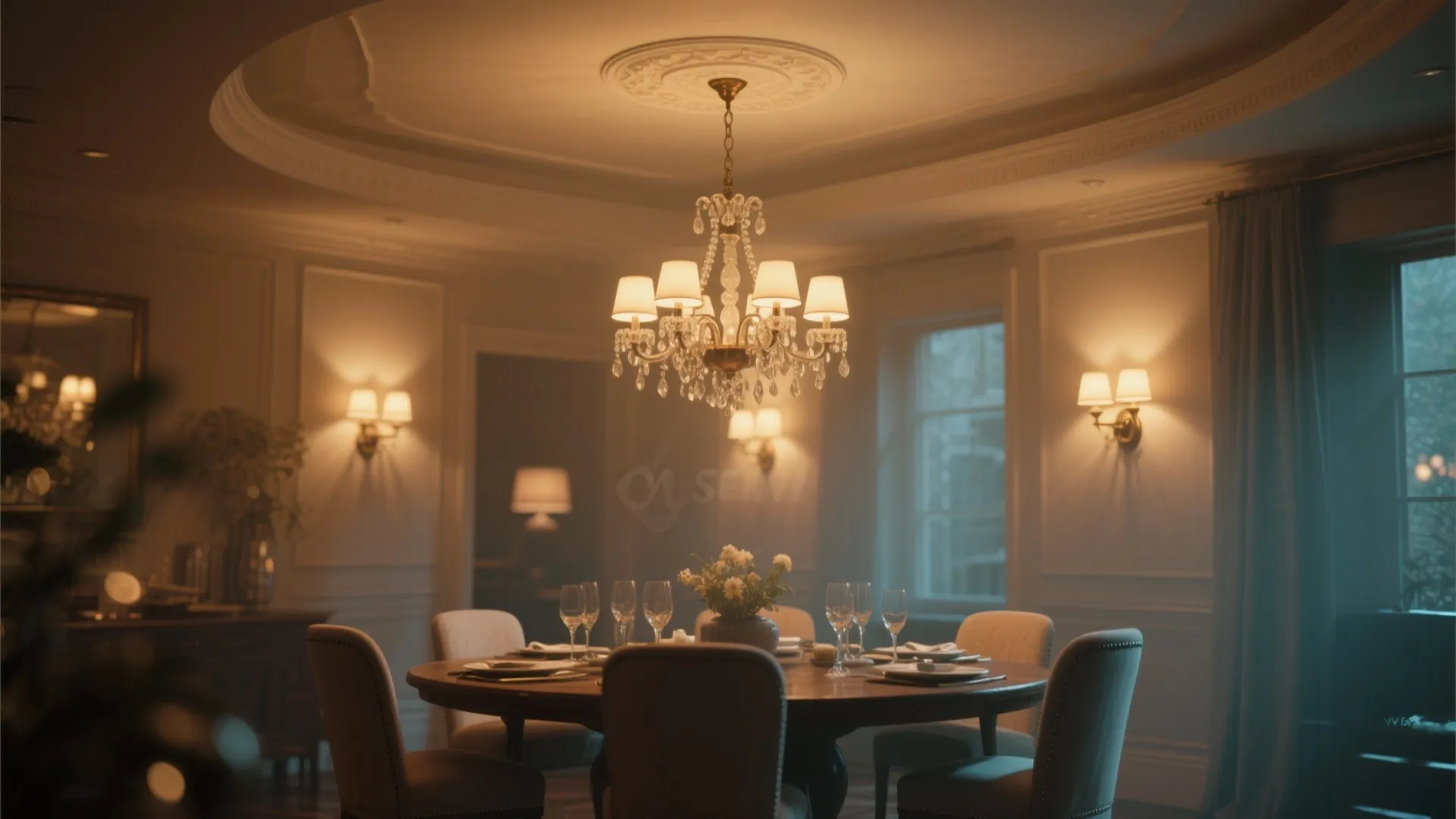 Dining room with pendant and wall sconces creating layered lighting