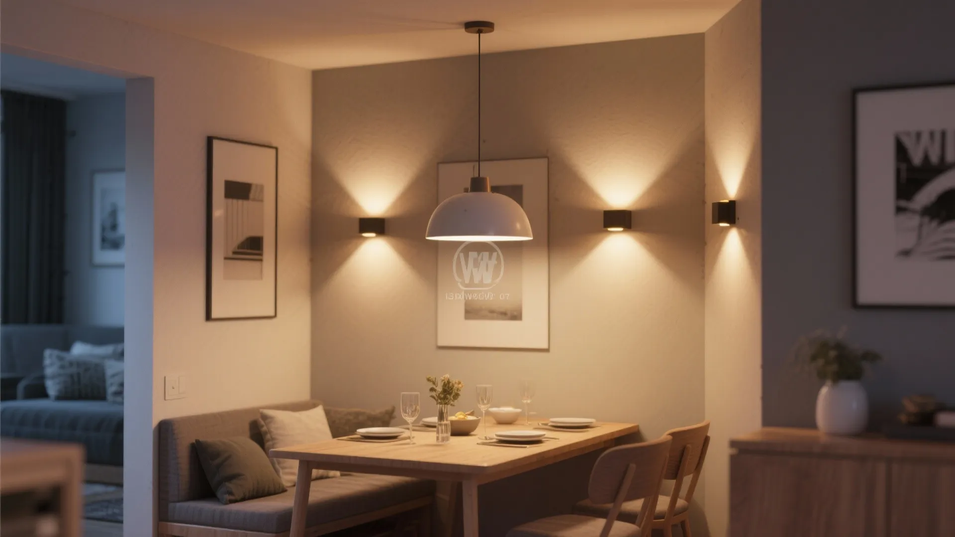 Small dining area with pendant lamp and wall sconces