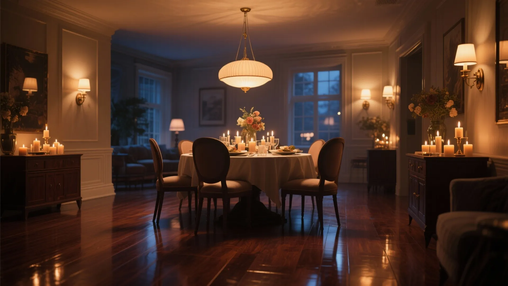 Elegant dining room with round table candles warm ceiling light wall lights and dark wood floors