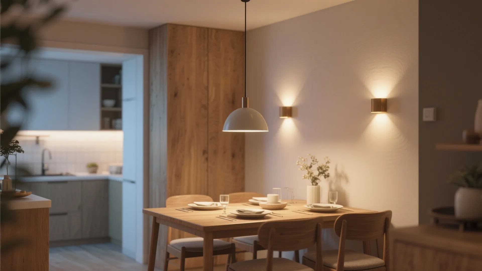 Warm dining area with wooden table chairs white ceiling light and two gold wall lights