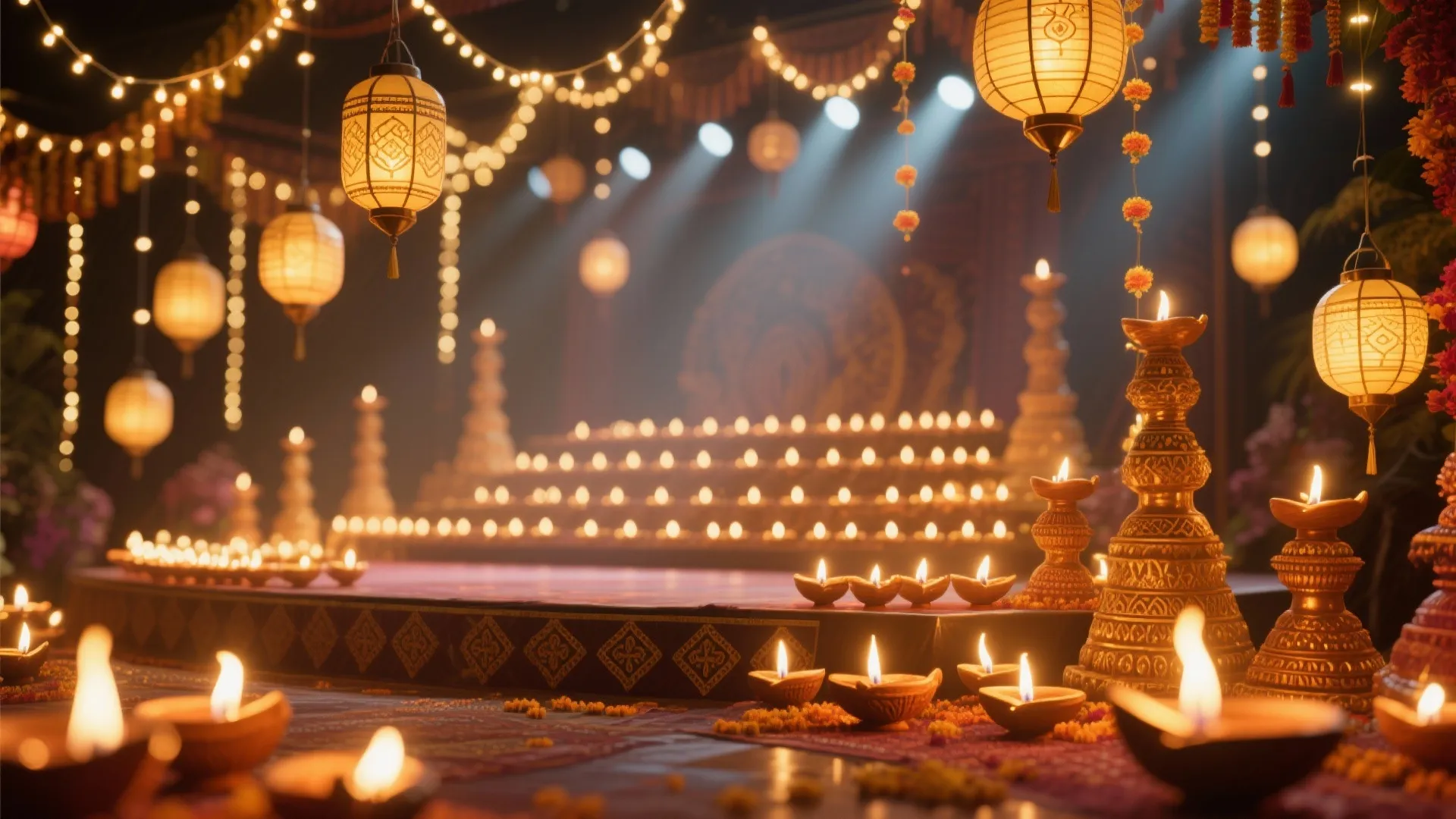 Layered fairy lights, lanterns, and diyas creating depth on a Diwali stage