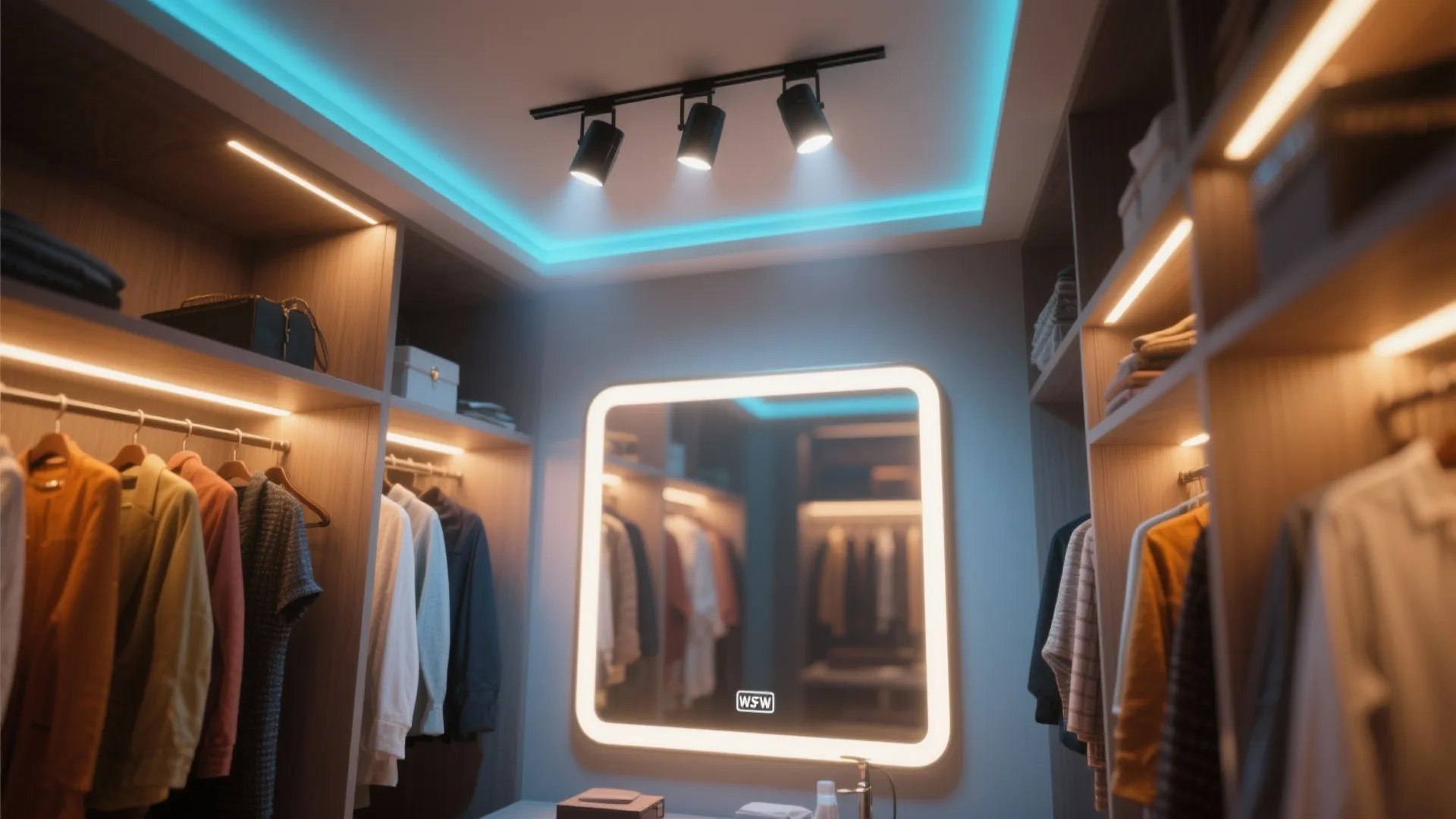 Dressing room featuring a large glowing mirror ceiling track lights and blue neon light strip accents