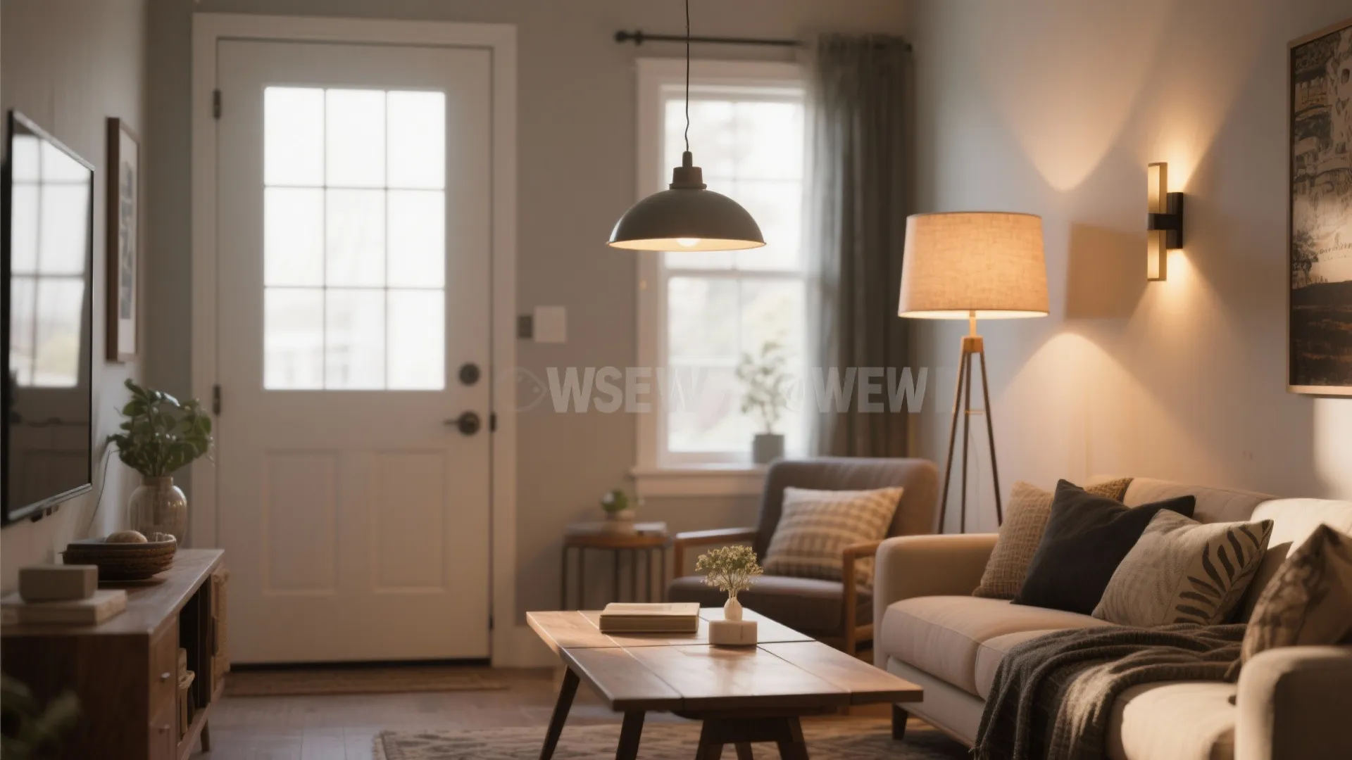 Warm living room interior with grey sofa floor lamp wall light ceiling light and coffee table