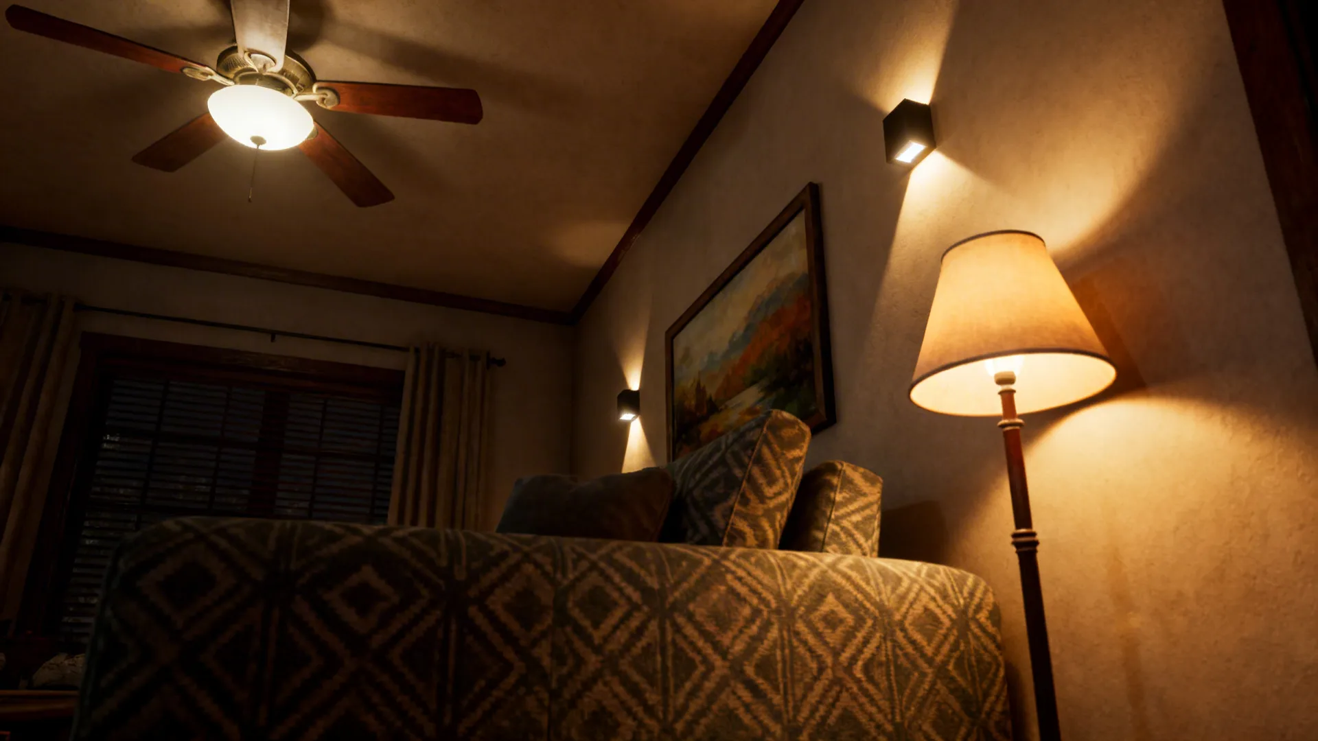 Corner of living room showing fan ambient light with task and accent lights creating layered warm lighting.