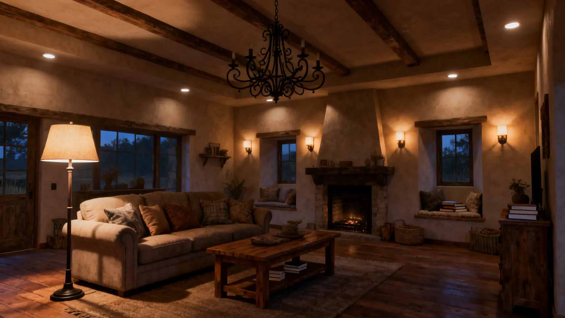 Farmhouse living room showing chandelier, floor lamp and sconces for layered lighting.