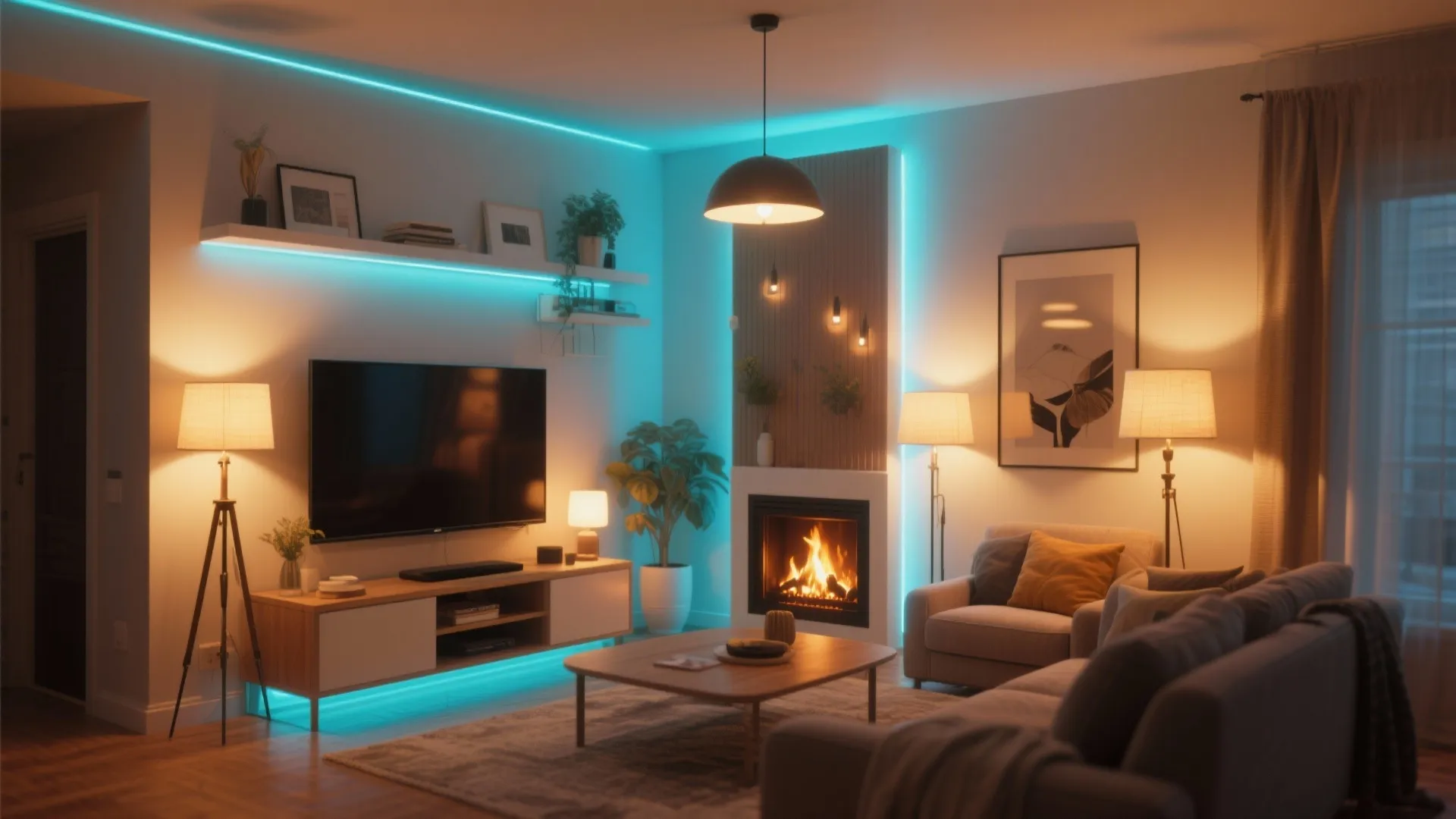 Modern living room featuring blue neon light strips warm floor lamps fireplace and a large television