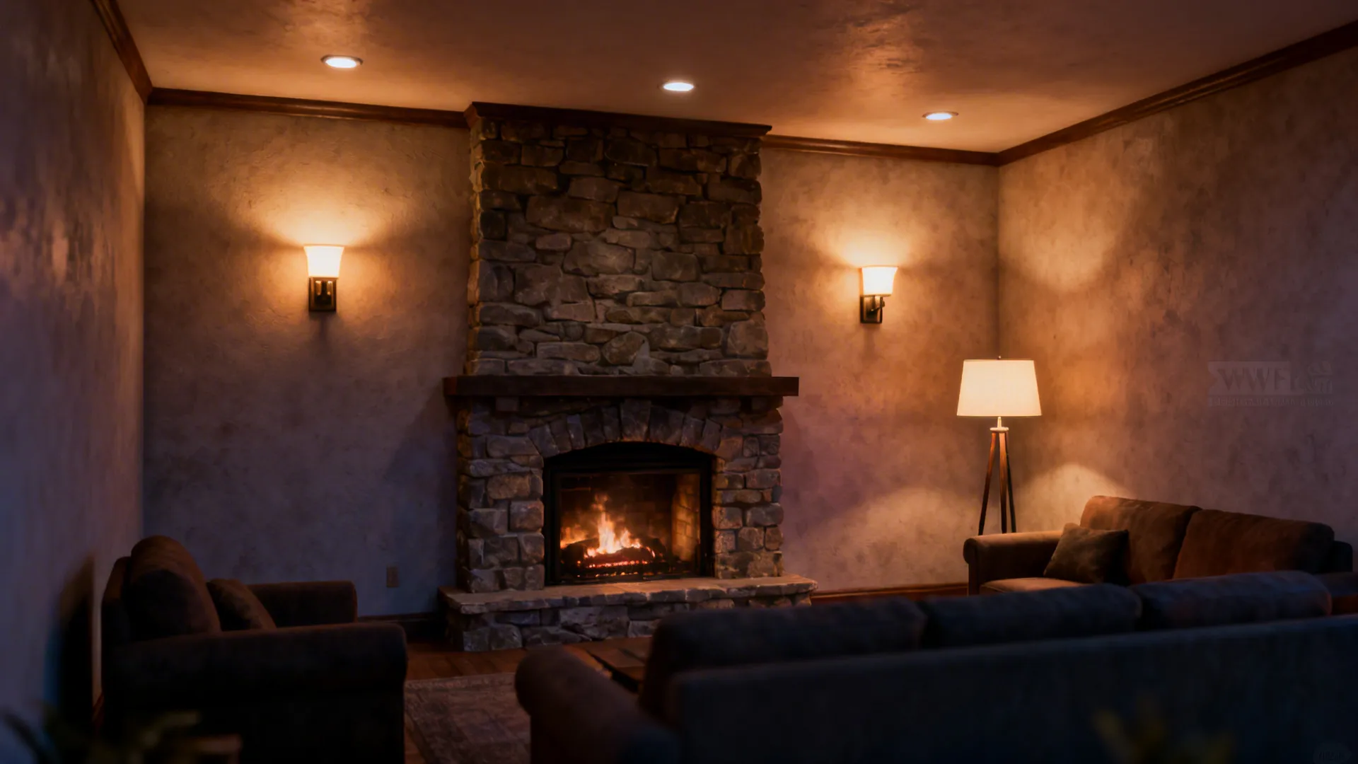 Layered lighting around a fireplace with dimmable sconces and a floor lamp creating a warm atmosphere.