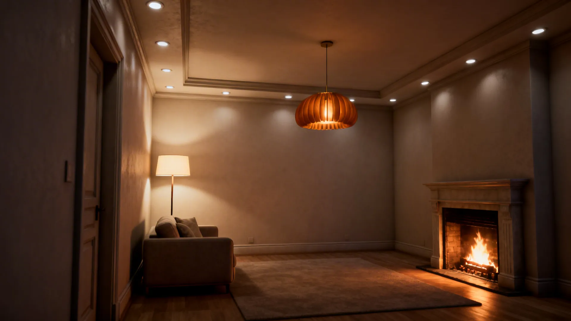 Layered lighting with pendant, recessed lights, lamp and fireplace glow in a small living room