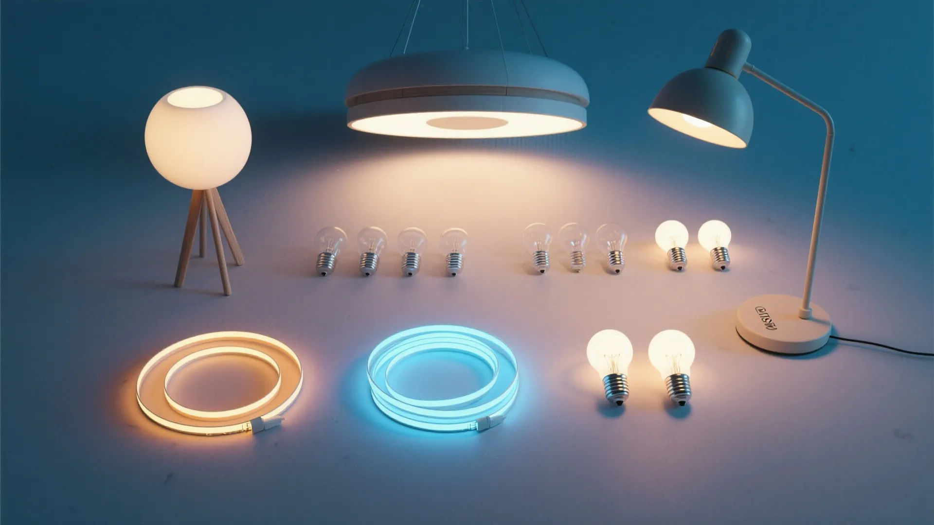 Flatlay of multiple living room lighting elements in warm tones