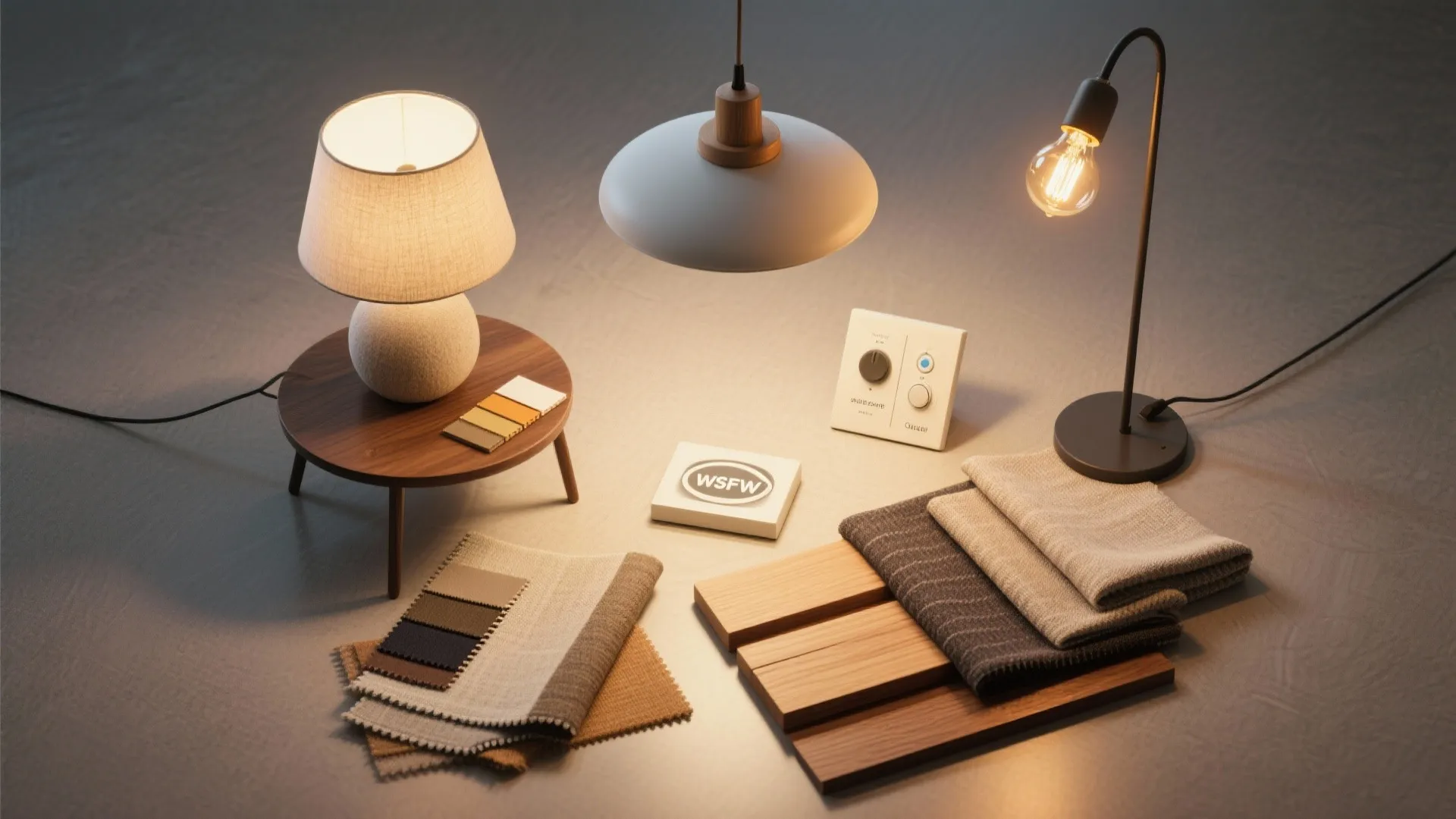 Selection of light fixtures including ceiling light table lamp and fabric swatches with wood samples