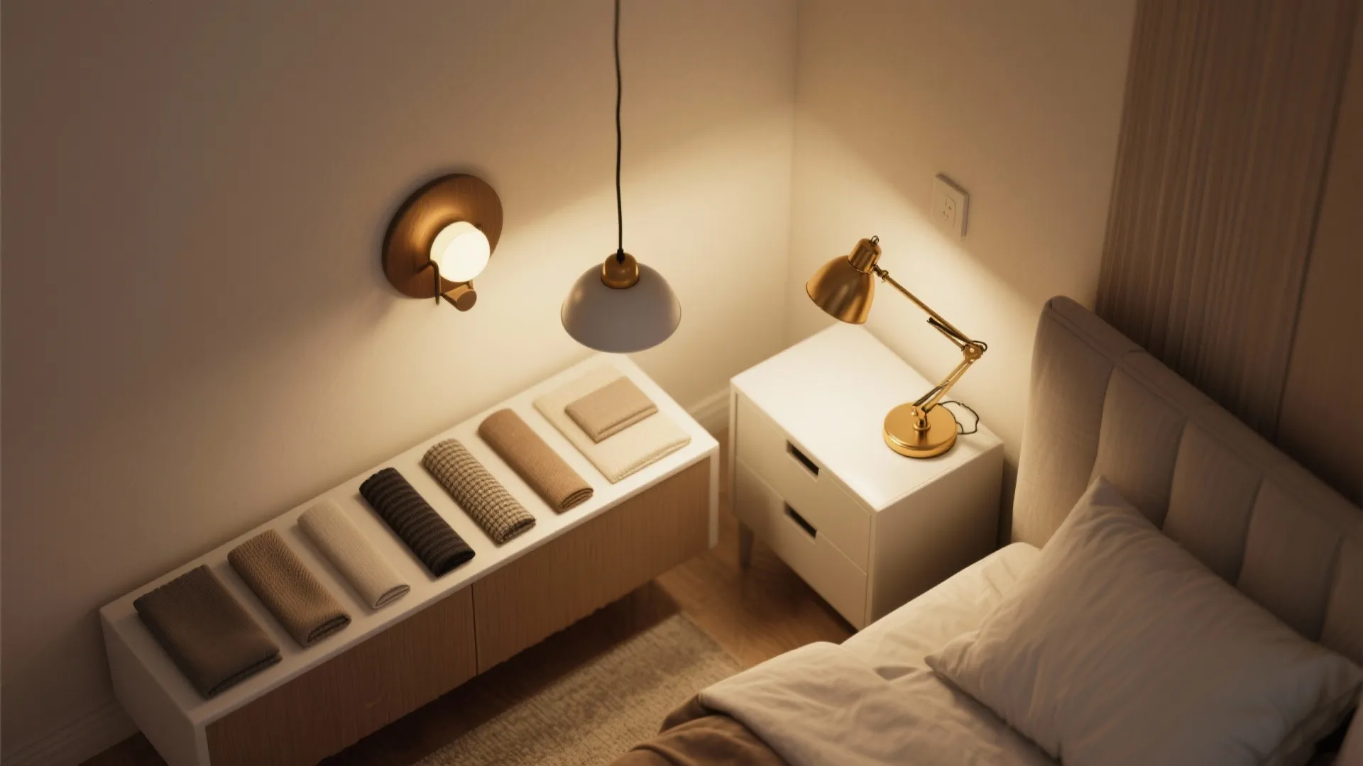 Flatlay of pendant, sconce, and desk lamp with warm lighting